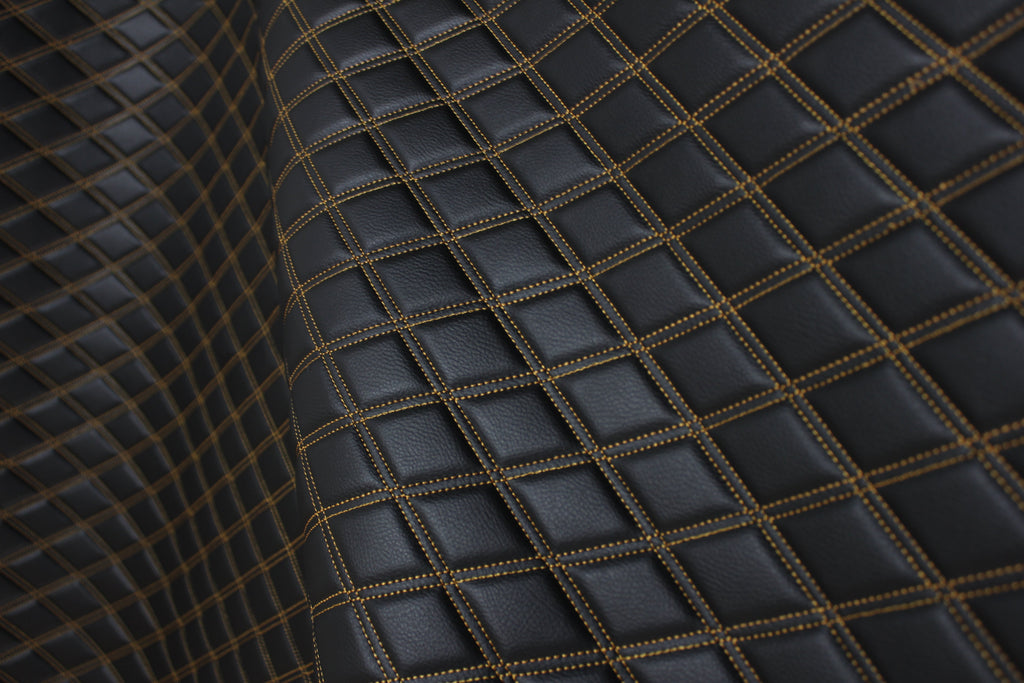 Double Gold Quilted Vinyl Faux Leather Car Upholstery Fabric | 2"x3" 5x7.5cm Diamond Stitched 5mm Foam Backed 140cm Wide -55" Wide