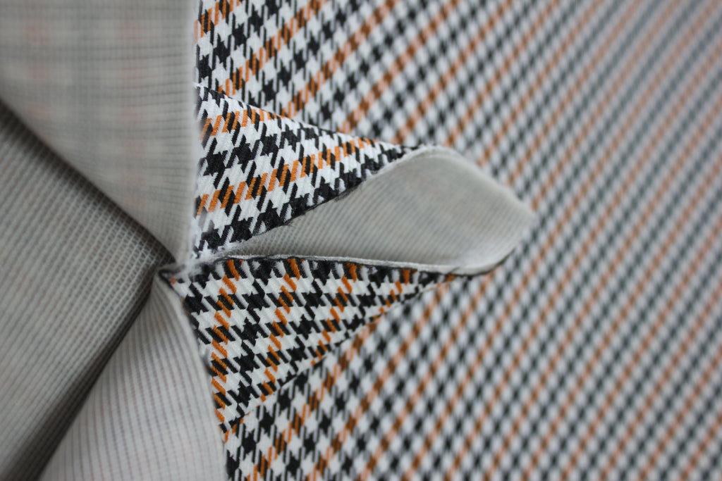 Tecido Pepita Houndstooth para Estofos de Bancos Automóveis Porsche - Laranja, Preto e Branco - BMW - Revestimento de Bancos, Interior, Automóveis, Forro de Portas e Teto - 4mm com Base de Espuma - Restauro - 150cm (55")