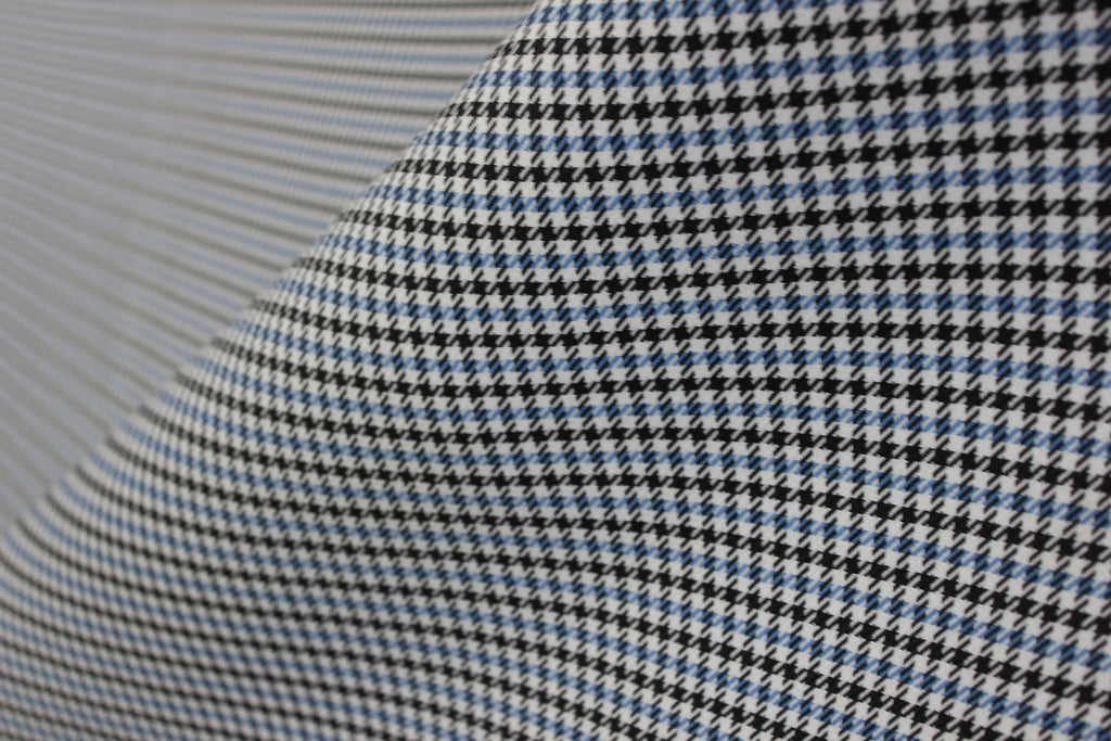 Tecido Pepita Houndstooth para Estofos de Bancos Automóveis Porsche - Azul Claro, Preto e Branco - BMW - Revestimento de Bancos, Interior, Automóveis, Forro de Portas e Teto - 4mm com Base de Espuma - Restauro - 150cm (55")