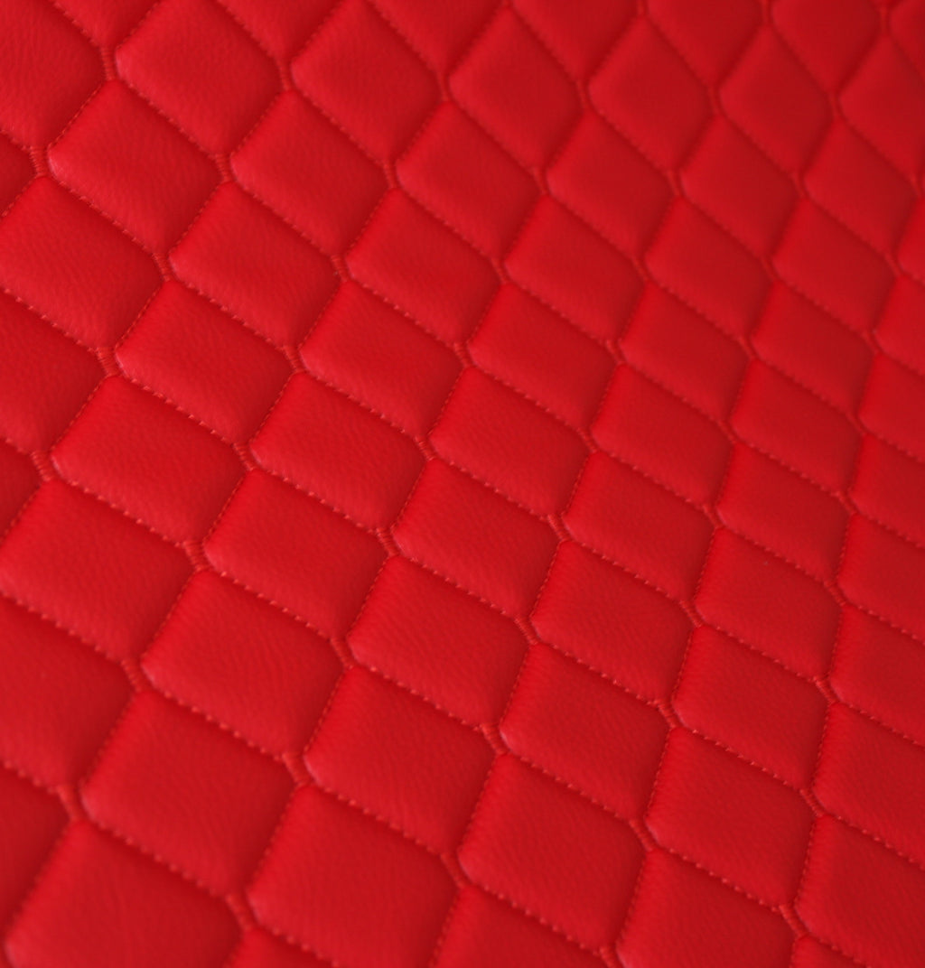 Red Quilted Red Vinyl Faux Leather Car Upholstery Fabric | 2"x2" 5x5cm Diamond Stitch with 5mm Foam | 140cm Wide | Automotive Projects