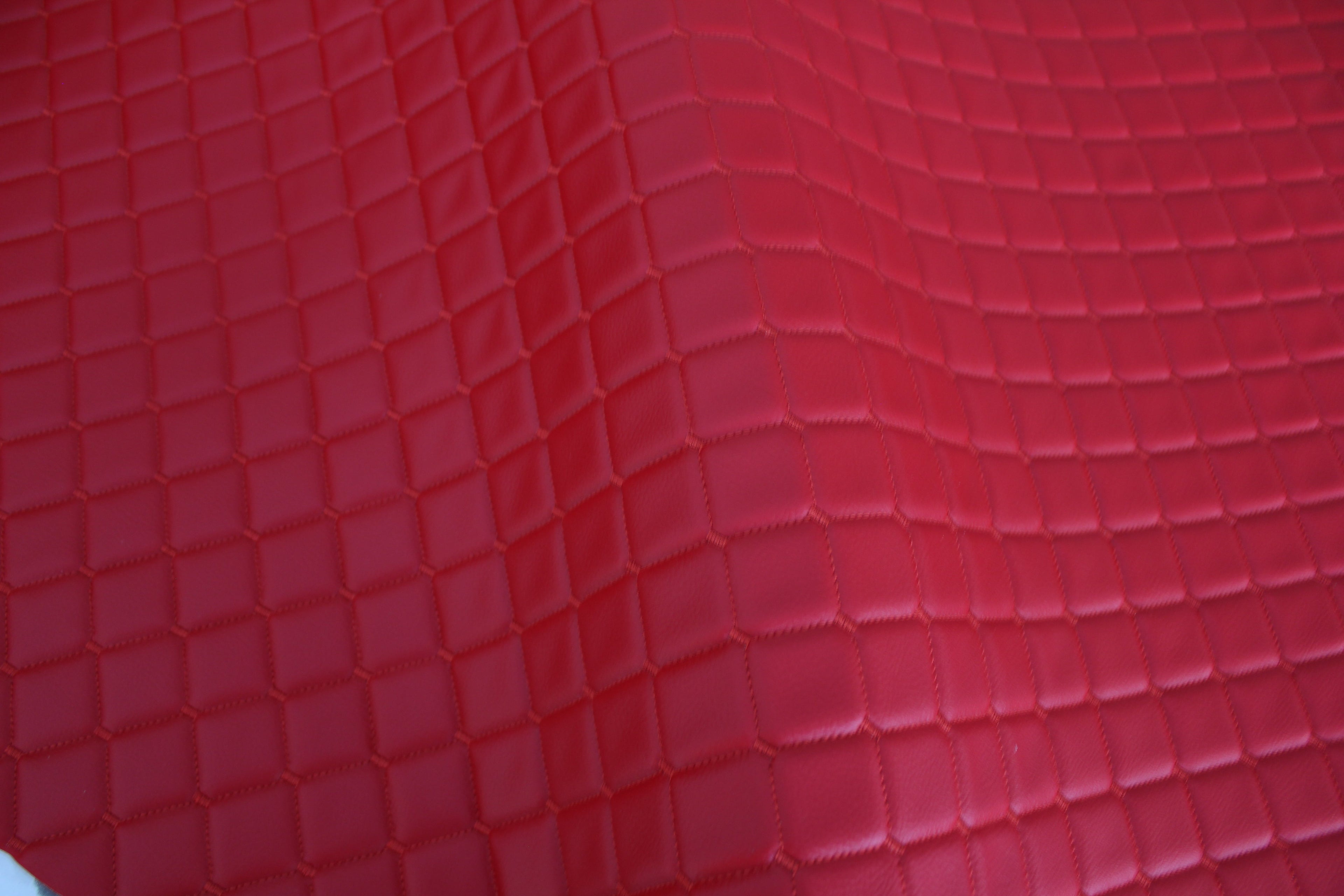 Red Quilted Red Vinyl Faux Leather Car Upholstery Fabric | 2"x2" 5x5cm Diamond Stitch with 5mm Foam | 140cm Wide | Automotive Projects