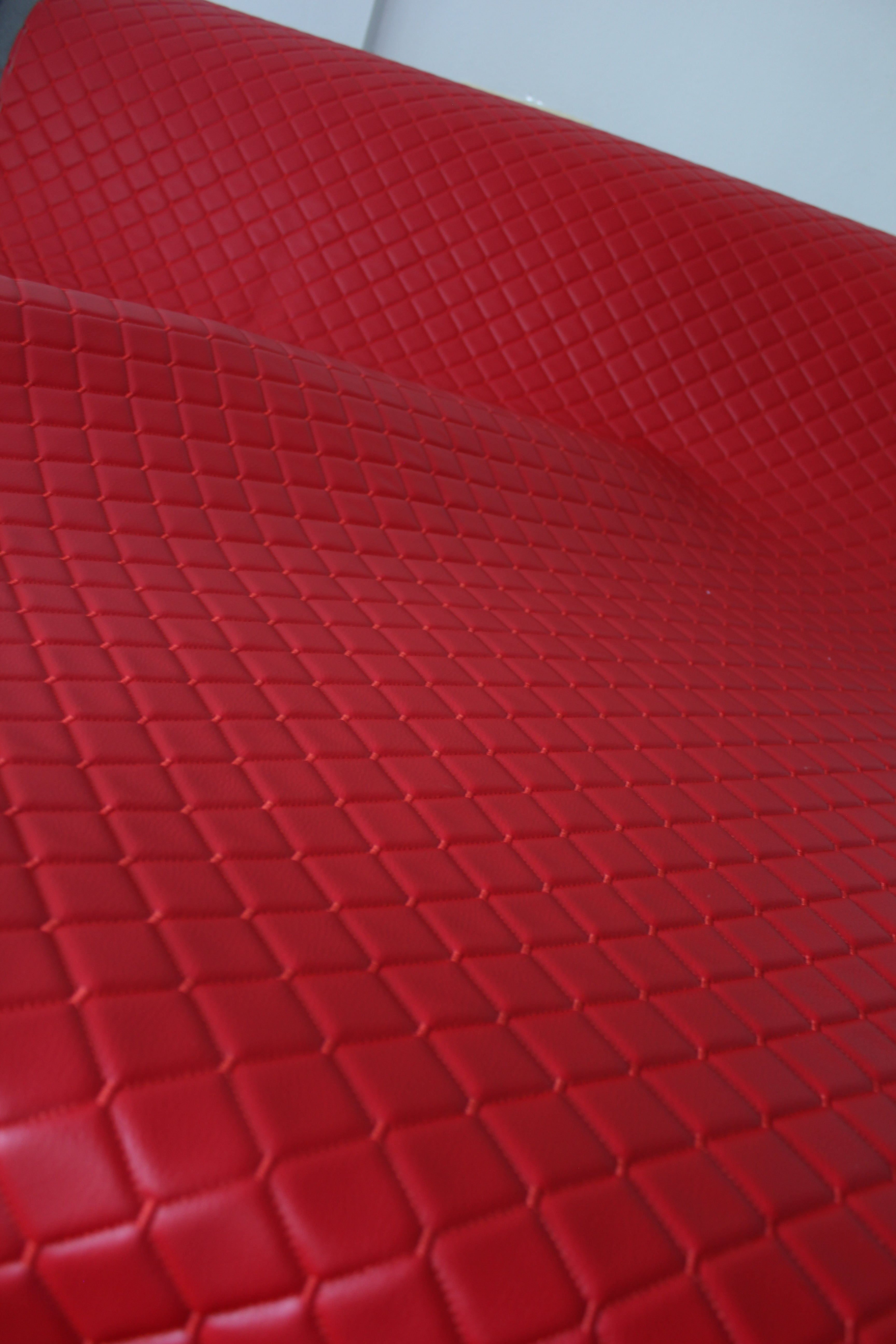 Red Quilted Red Vinyl Faux Leather Car Upholstery Fabric | 2"x2" 5x5cm Diamond Stitch with 5mm Foam | 140cm Wide | Automotive Projects
