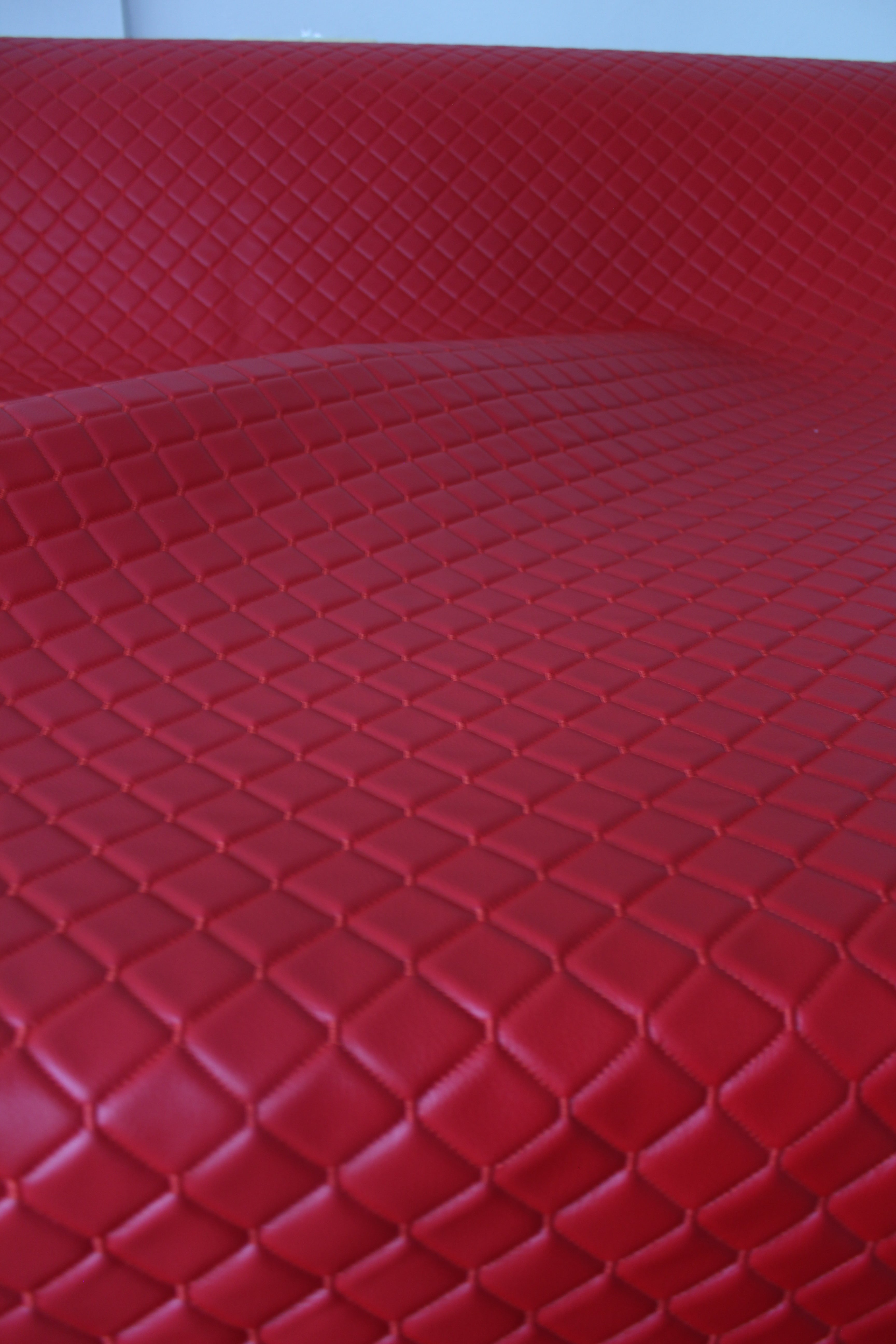 Red Quilted Red Vinyl Faux Leather Car Upholstery Fabric | 2"x2" 5x5cm Diamond Stitch with 5mm Foam | 140cm Wide | Automotive Projects