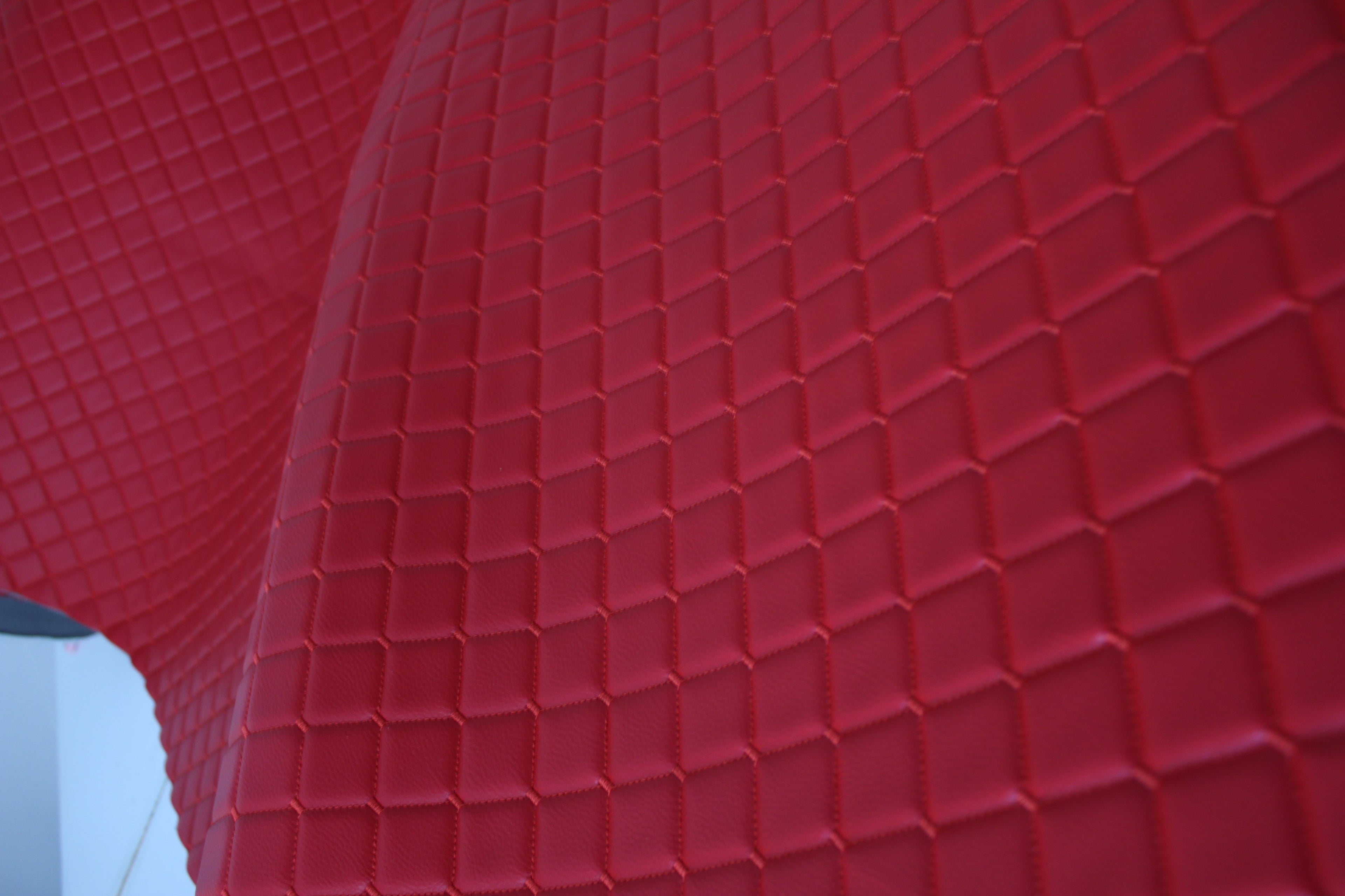 Red Quilted Red Vinyl Faux Leather Car Upholstery Fabric | 2"x2" 5x5cm Diamond Stitch with 5mm Foam | 140cm Wide | Automotive Projects