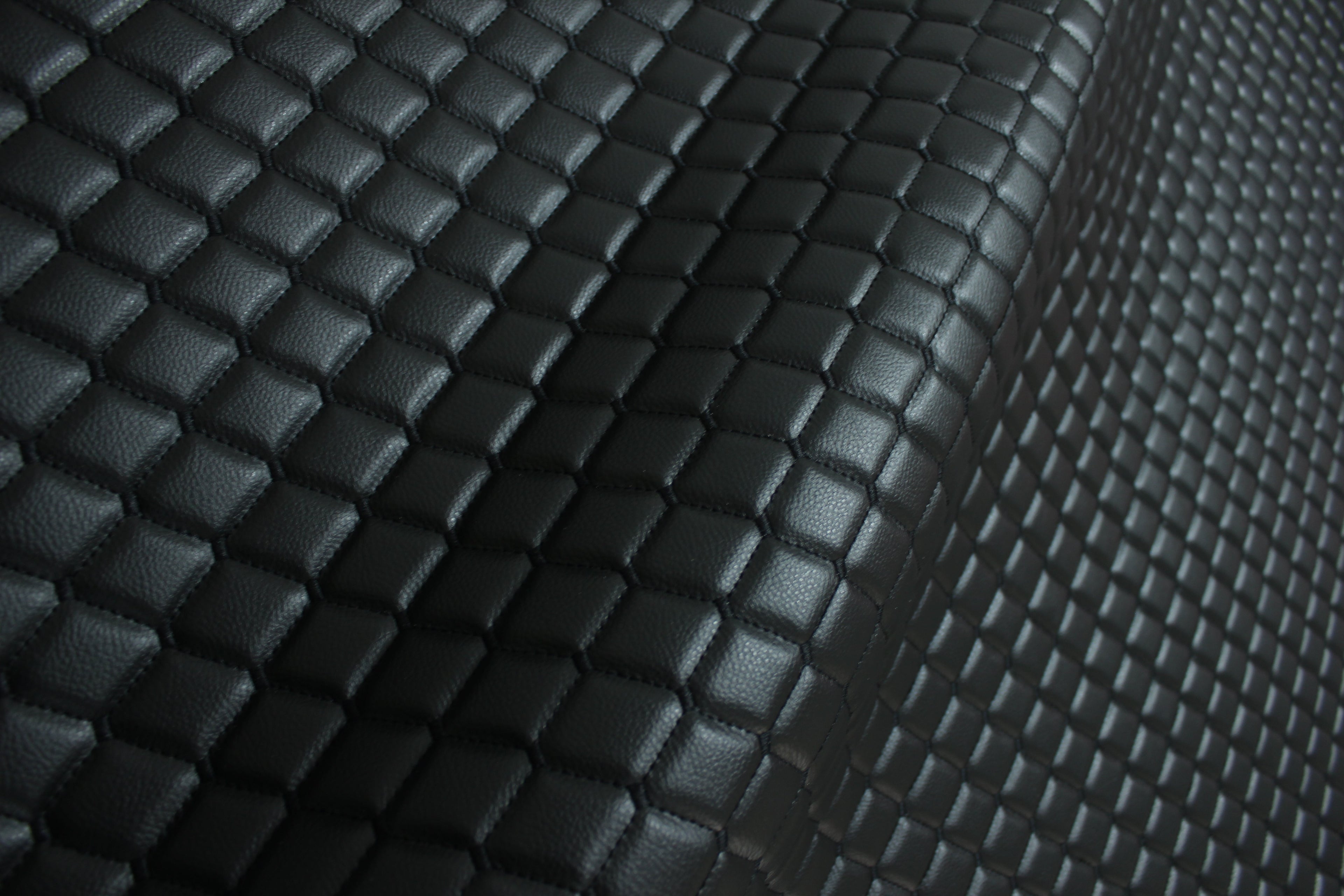 Black Quilted Black Vinyl Faux Leather Car Upholstery Fabric | 2"x2" 5x5cm Diamond Stitch with 5mm Foam Backing | 140cm Wide | Automotive Projects