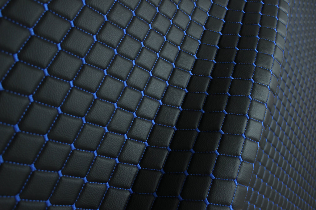 Blue Quilted Black Vinyl Faux Leather Car Upholstery Fabric | 2"x2" 5x5cm Diamond Stitch with 5mm Foam Backing | 140cm Wide | Automotive Projects