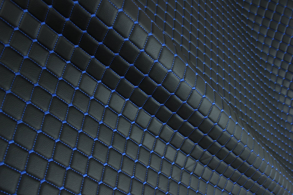 Blue Quilted Black Vinyl Faux Leather Car Upholstery Fabric | 2"x2" 5x5cm Diamond Stitch with 5mm Foam Backing | 140cm Wide | Automotive Projects