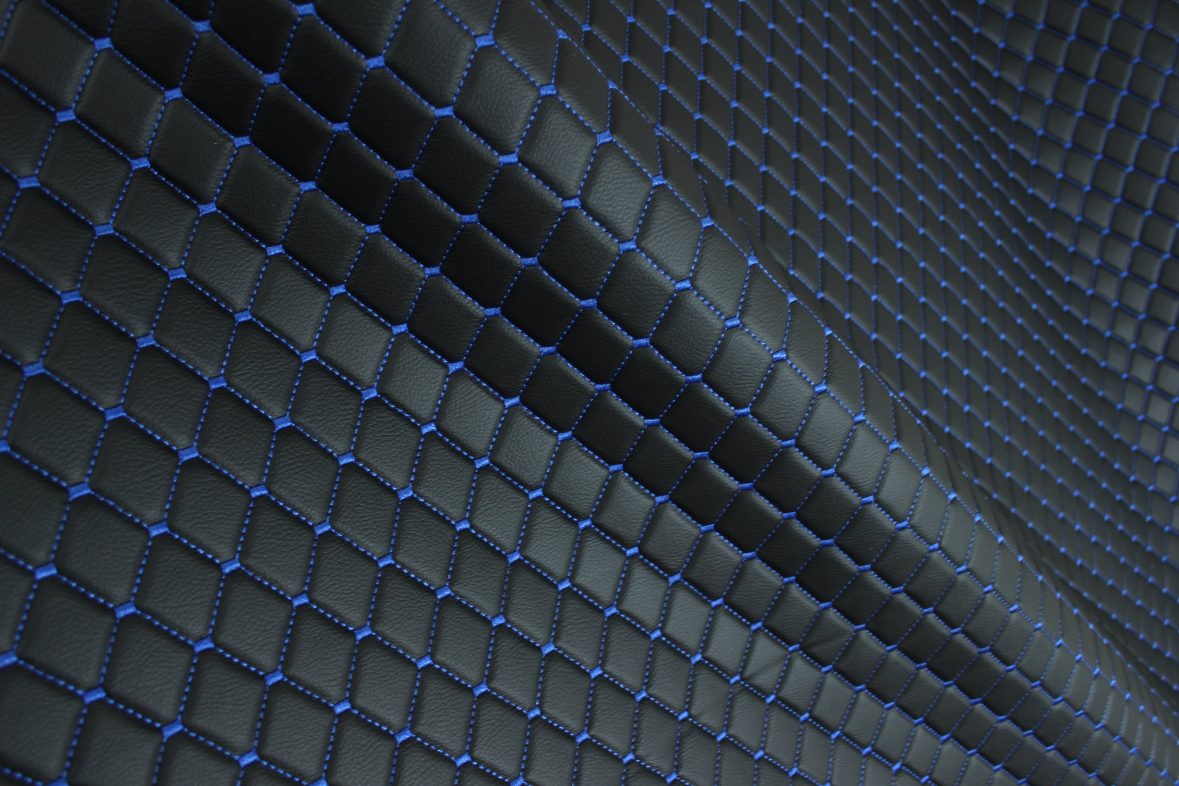 Blue Quilted Black Vinyl Faux Leather Car Upholstery Fabric | 2"x2" 5x5cm Diamond Stitch with 5mm Foam Backing | 140cm Wide | Automotive Projects