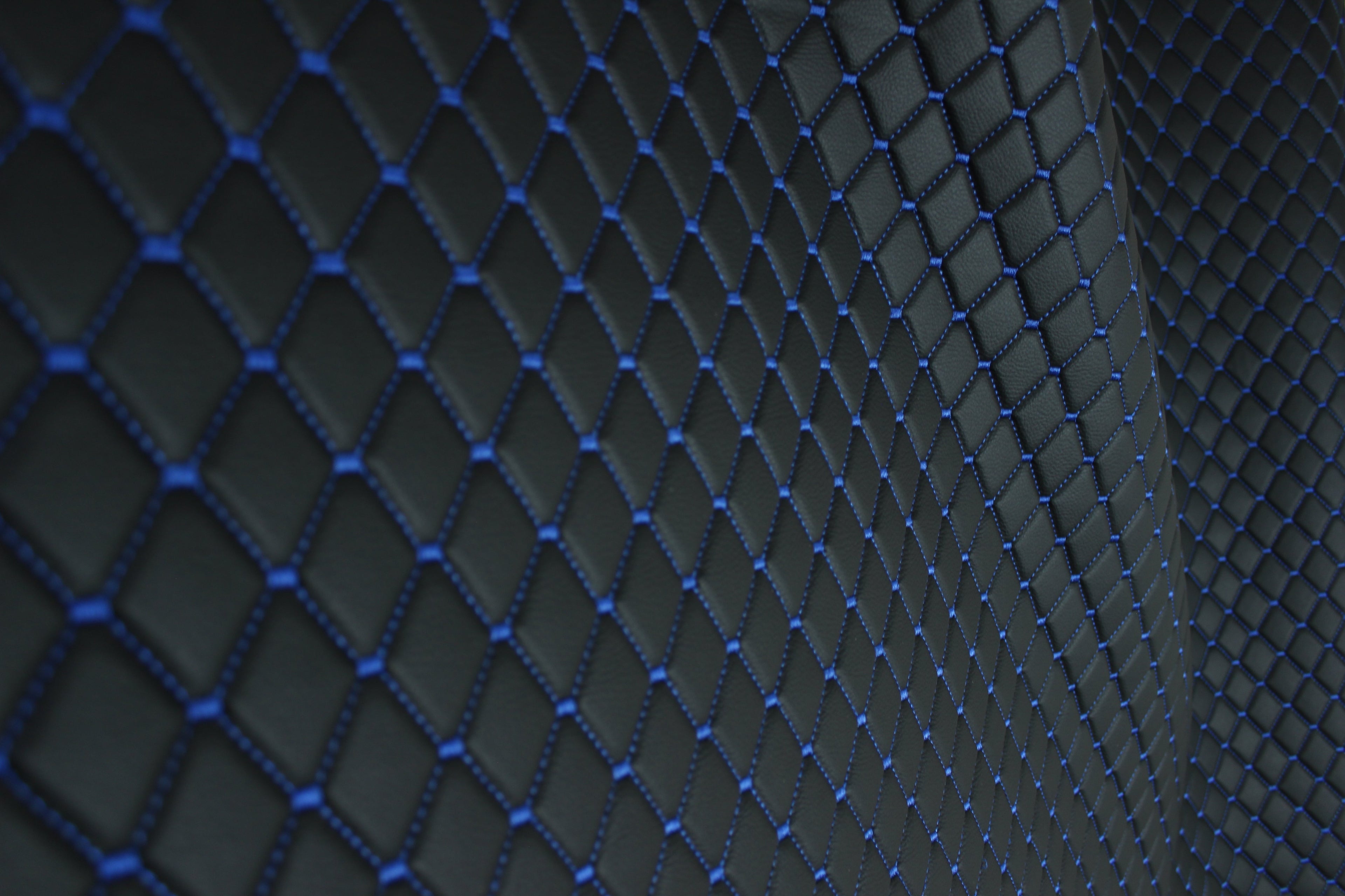 Blue Quilted Black Vinyl Faux Leather Car Upholstery Fabric | 2"x2" 5x5cm Diamond Stitch with 5mm Foam Backing | 140cm Wide | Automotive Projects