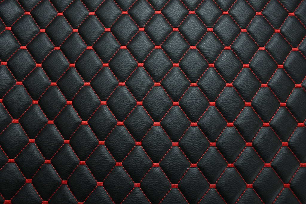 Red Quilted Black Vinyl Faux Leather Car Upholstery Fabric | 2"x2" 5x5cm Diamond Stitch with 4mm Foam Backing | 140cm Wide | Automotive Projects