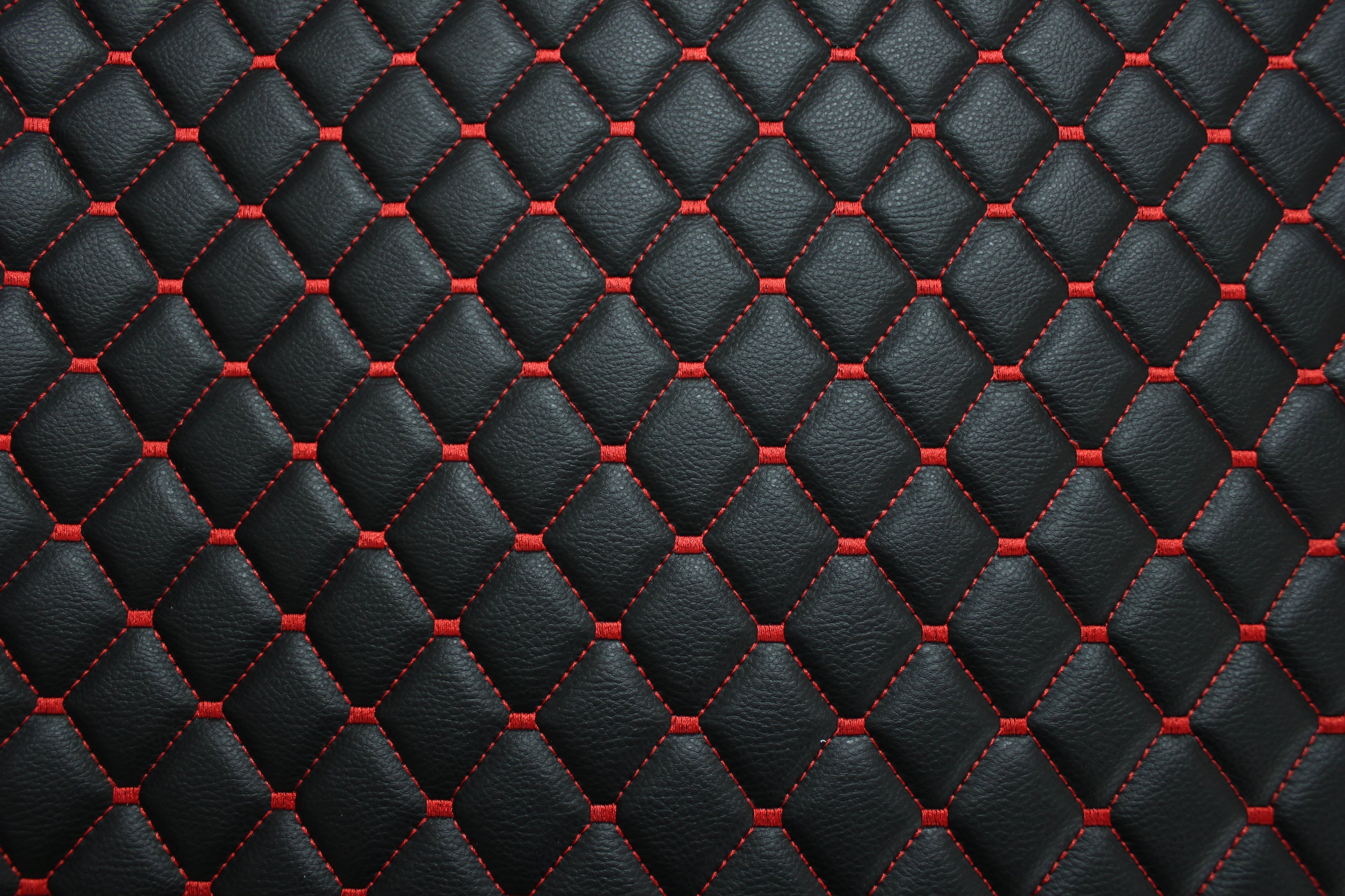 Red Quilted Black Vinyl Faux Leather Car Upholstery Fabric | 2"x2" 5x5cm Diamond Stitch with 4mm Foam Backing | 140cm Wide | Automotive Projects