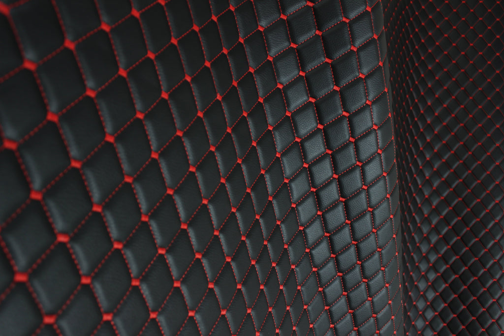 Red Quilted Black Vinyl Faux Leather Car Upholstery Fabric | 2"x2" 5x5cm Diamond Stitch with 4mm Foam Backing | 140cm Wide | Automotive Projects