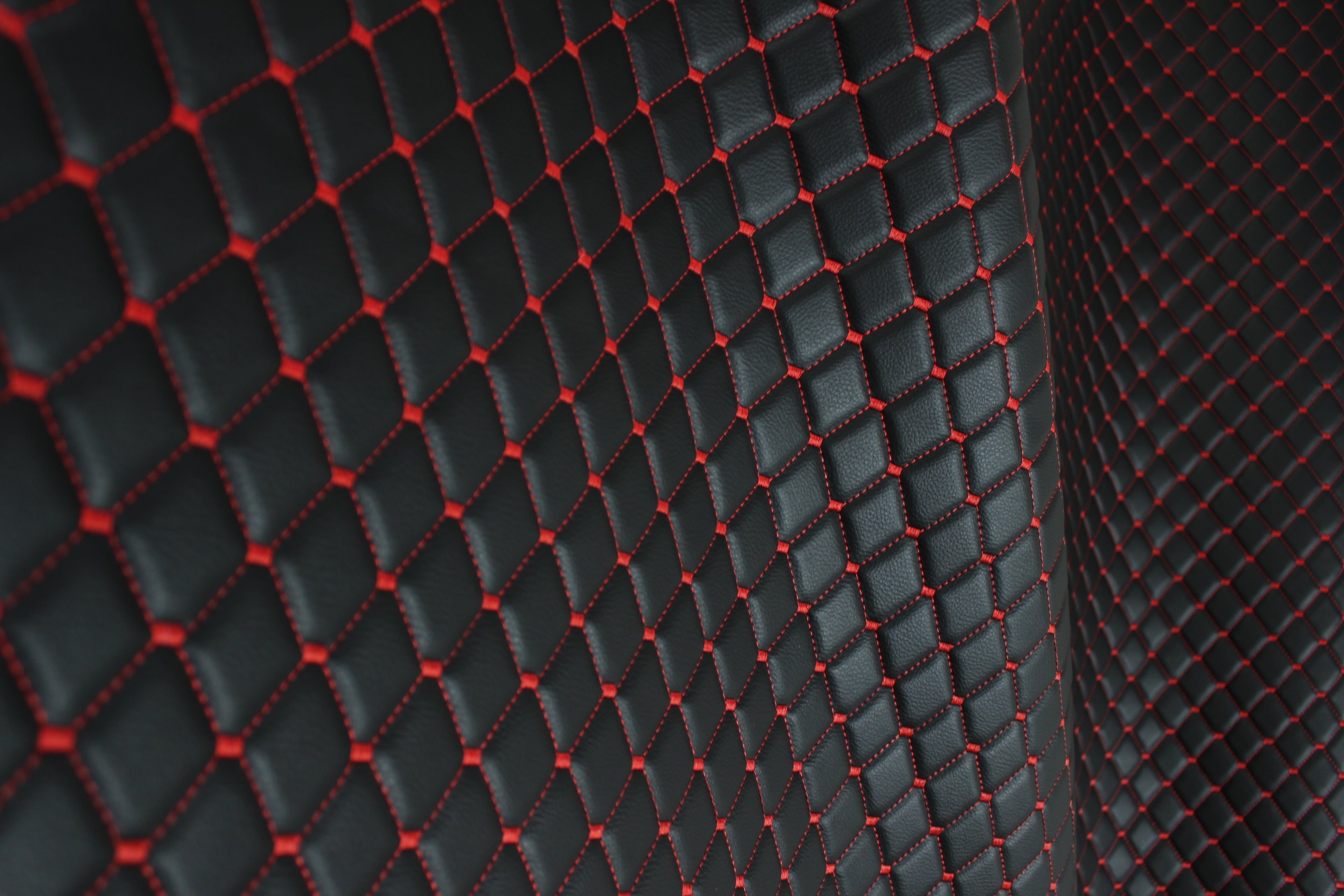 Red Quilted Black Vinyl Faux Leather Car Upholstery Fabric | 2"x2" 5x5cm Diamond Stitch with 4mm Foam Backing | 140cm Wide | Automotive Projects