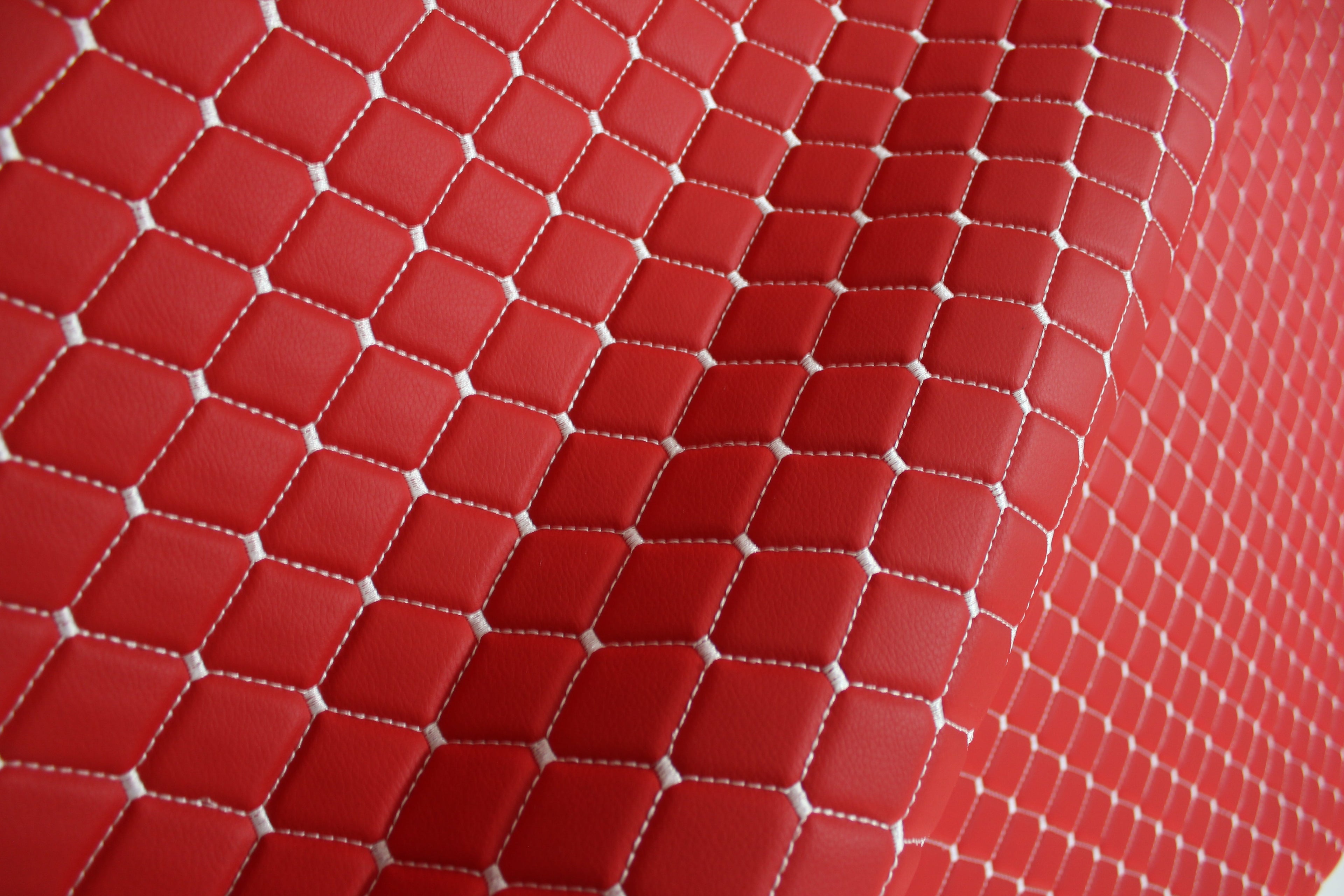 Red White Quilted Vinyl Faux Leather Car Upholstery Fabric | 2"x2" 5x5cm Diamond Stitch with 5mm Foam Backing | 140cm Wide | Automotive Projects