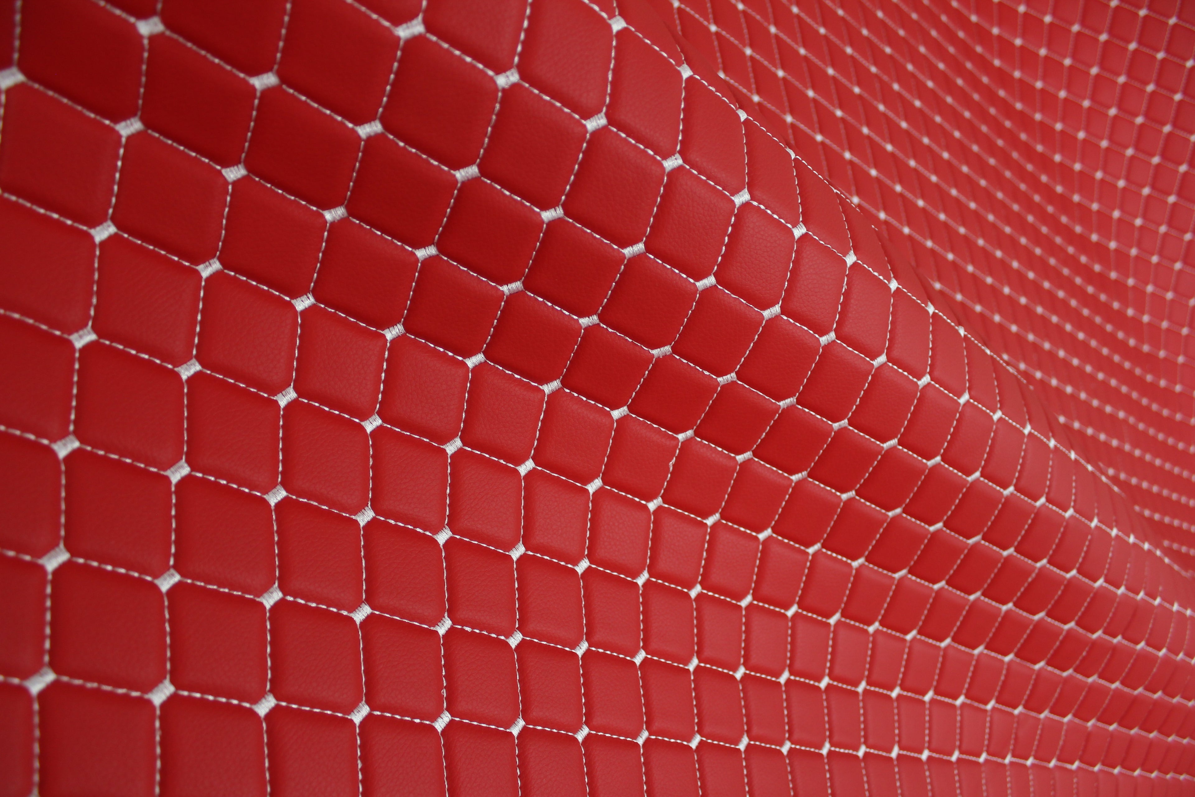 Red White Quilted Vinyl Faux Leather Car Upholstery Fabric | 2"x2" 5x5cm Diamond Stitch with 5mm Foam Backing | 140cm Wide | Automotive Projects
