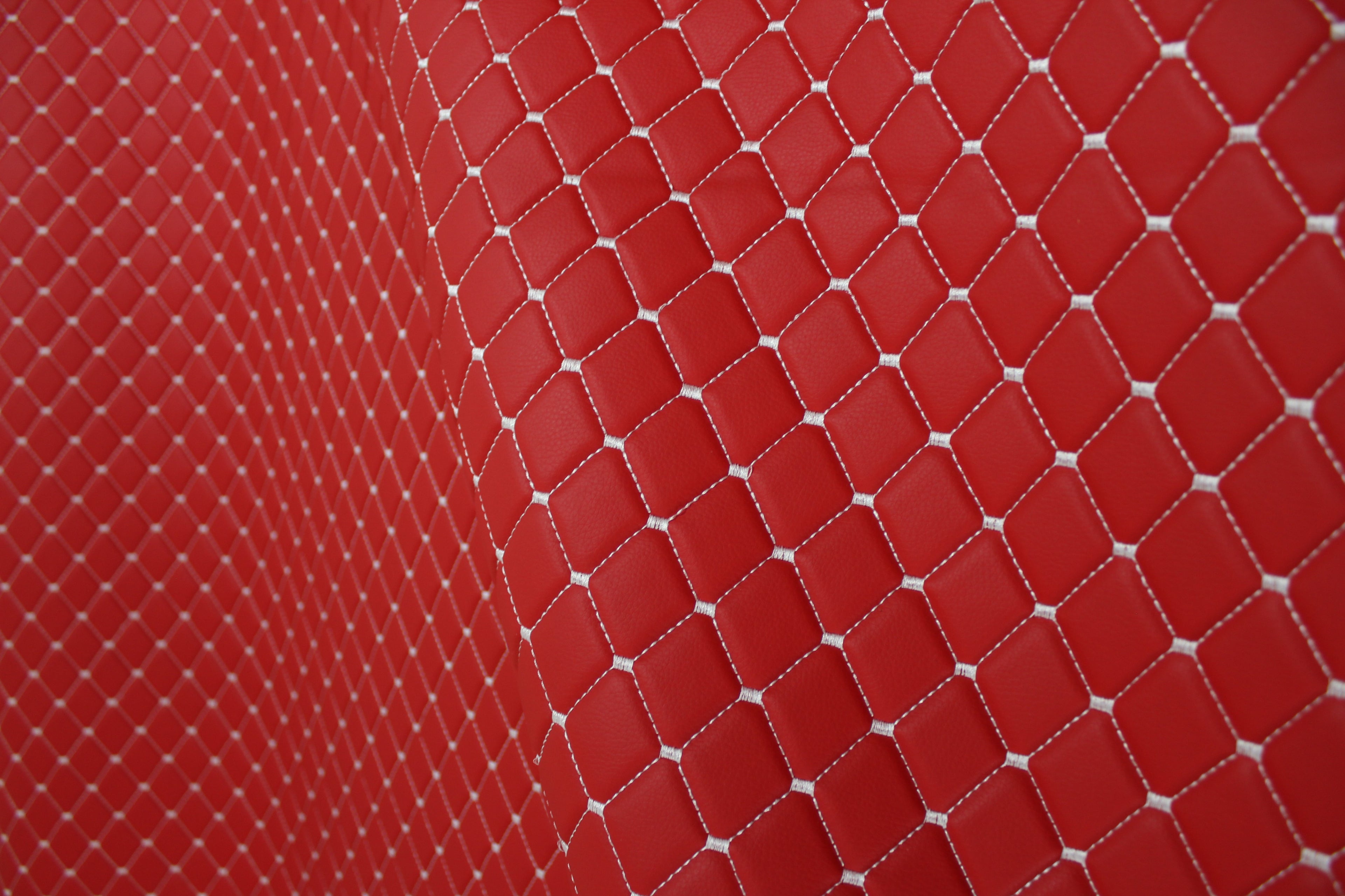 Red White Quilted Vinyl Faux Leather Car Upholstery Fabric | 2"x2" 5x5cm Diamond Stitch with 5mm Foam Backing | 140cm Wide | Automotive Projects