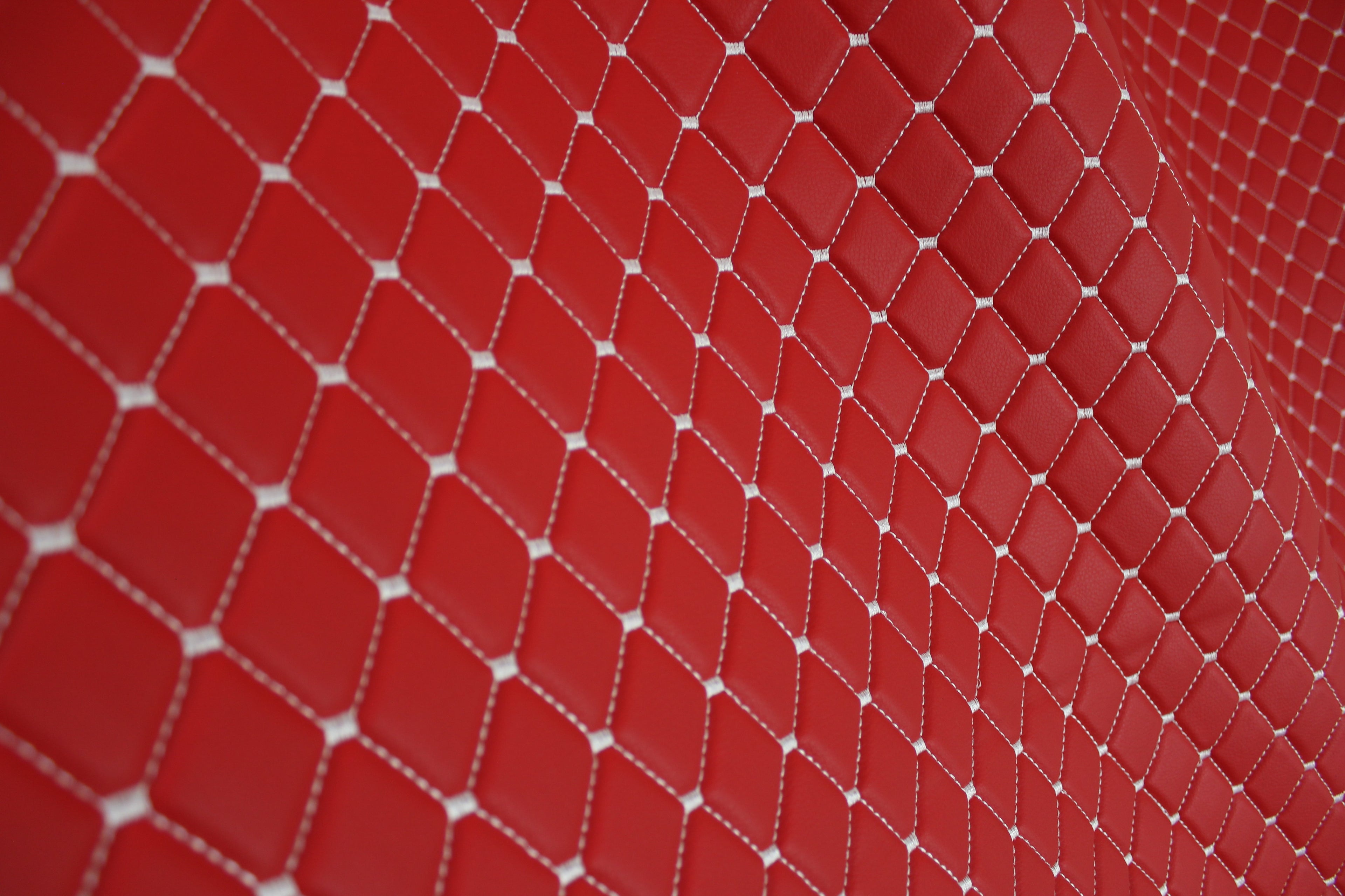 Red White Quilted Vinyl Faux Leather Car Upholstery Fabric | 2"x2" 5x5cm Diamond Stitch with 5mm Foam Backing | 140cm Wide | Automotive Projects