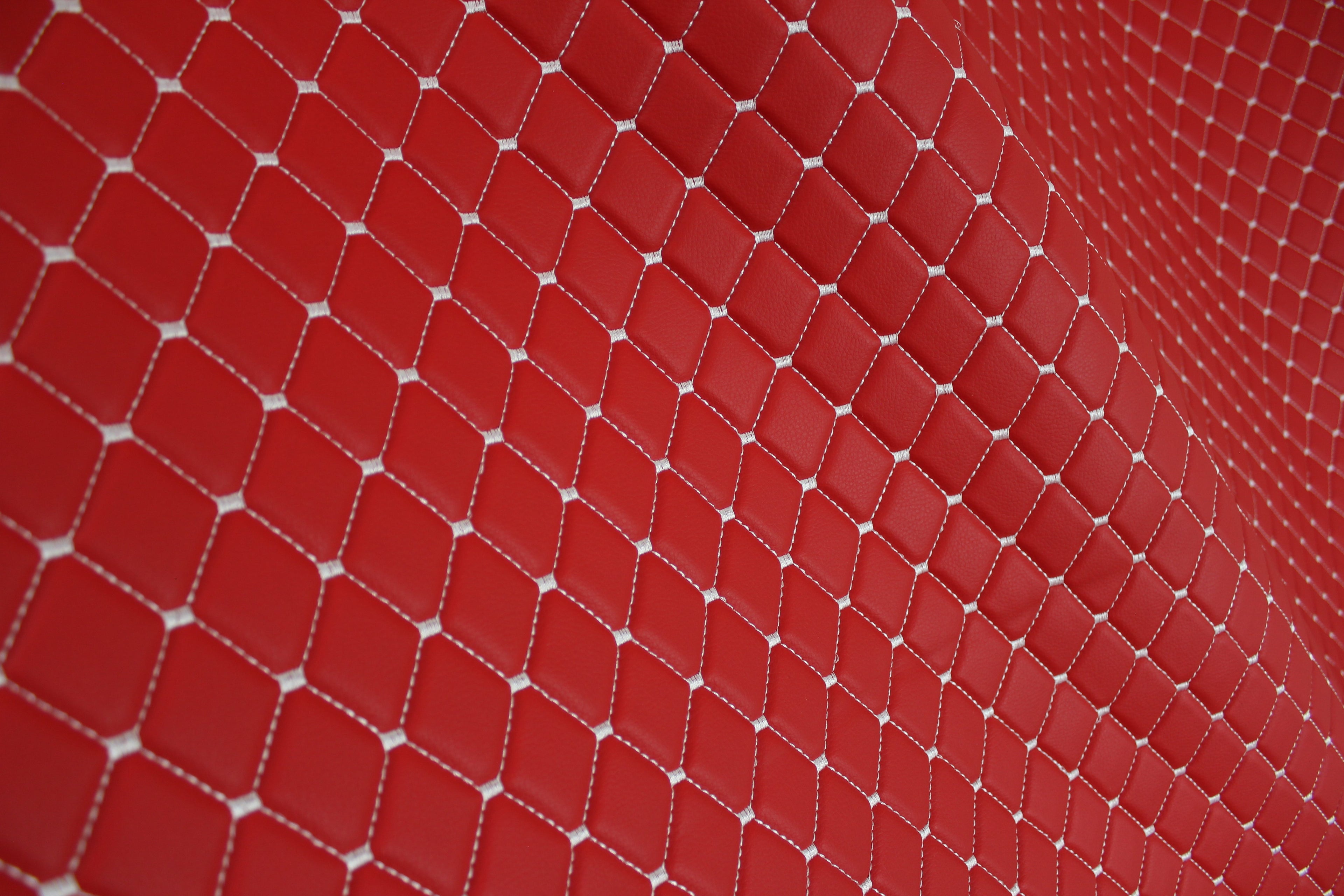 Red White Quilted Vinyl Faux Leather Car Upholstery Fabric | 2"x2" 5x5cm Diamond Stitch with 5mm Foam Backing | 140cm Wide | Automotive Projects