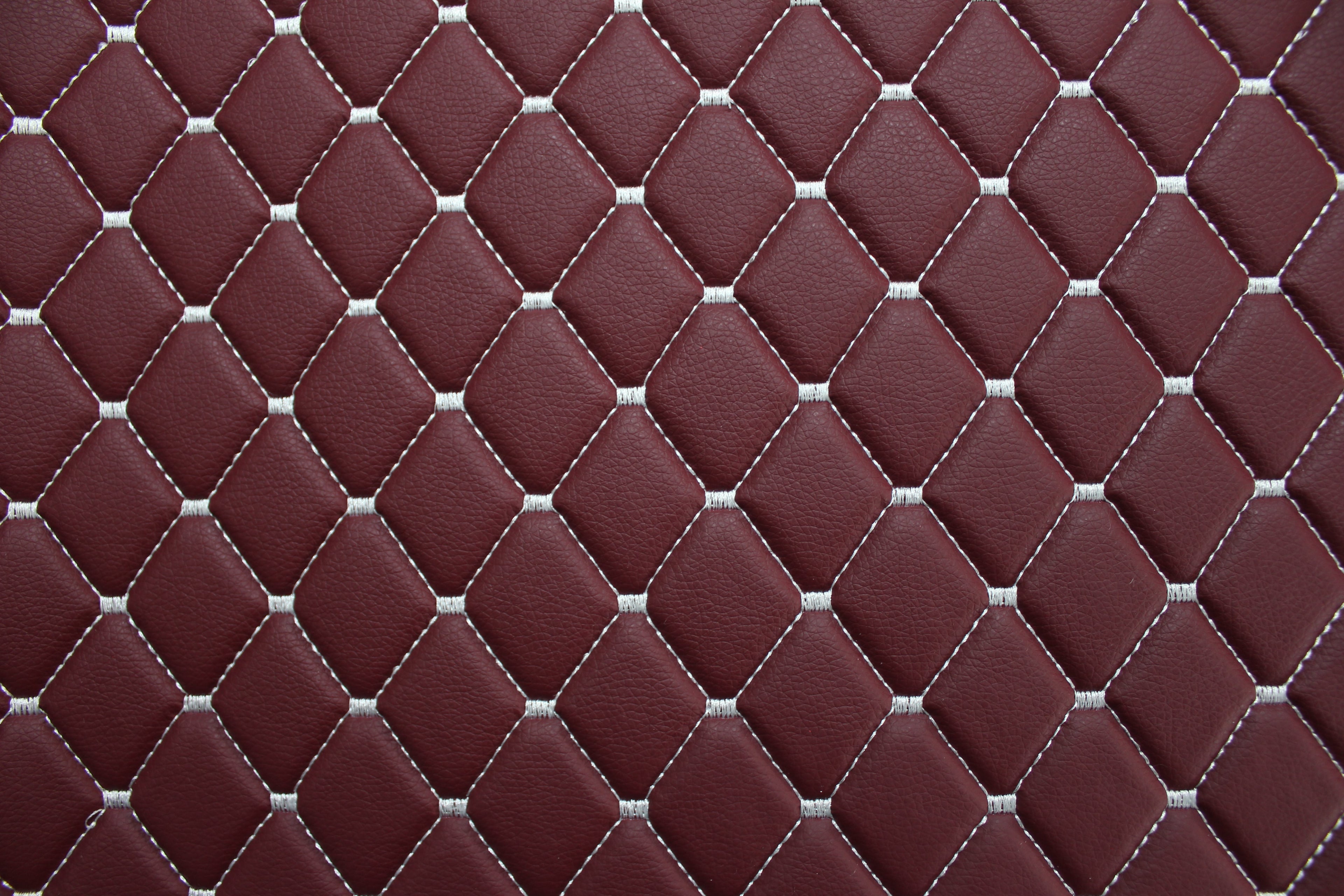 Dark Red White Quilted Vinyl Faux Leather Car Upholstery Fabric | 2"x2" 5x5cm Diamond Stitch with 5mm Foam | 140cm Wide | Automotive Projects