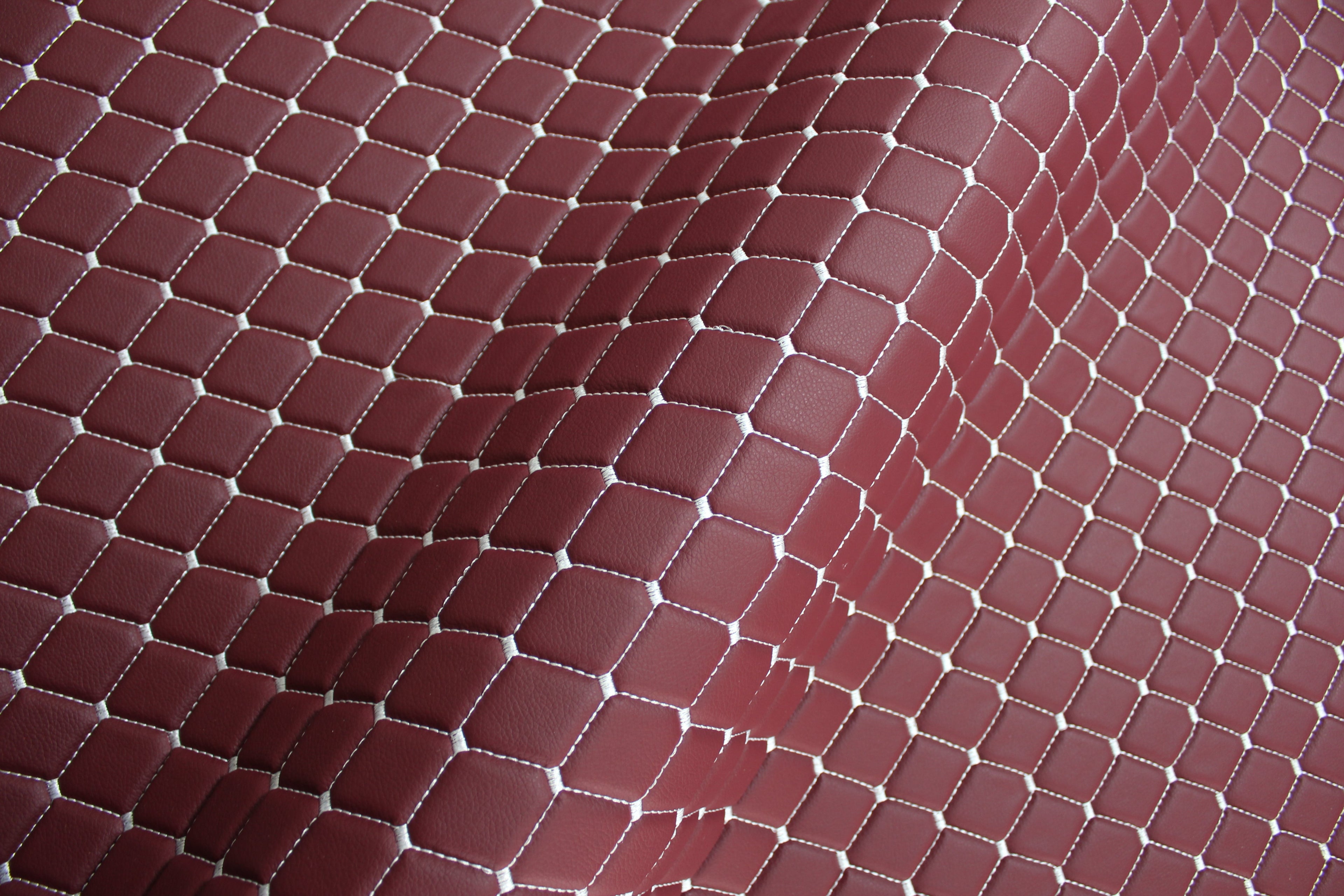 Dark Red White Quilted Vinyl Faux Leather Car Upholstery Fabric | 2"x2" 5x5cm Diamond Stitch with 5mm Foam | 140cm Wide | Automotive Projects