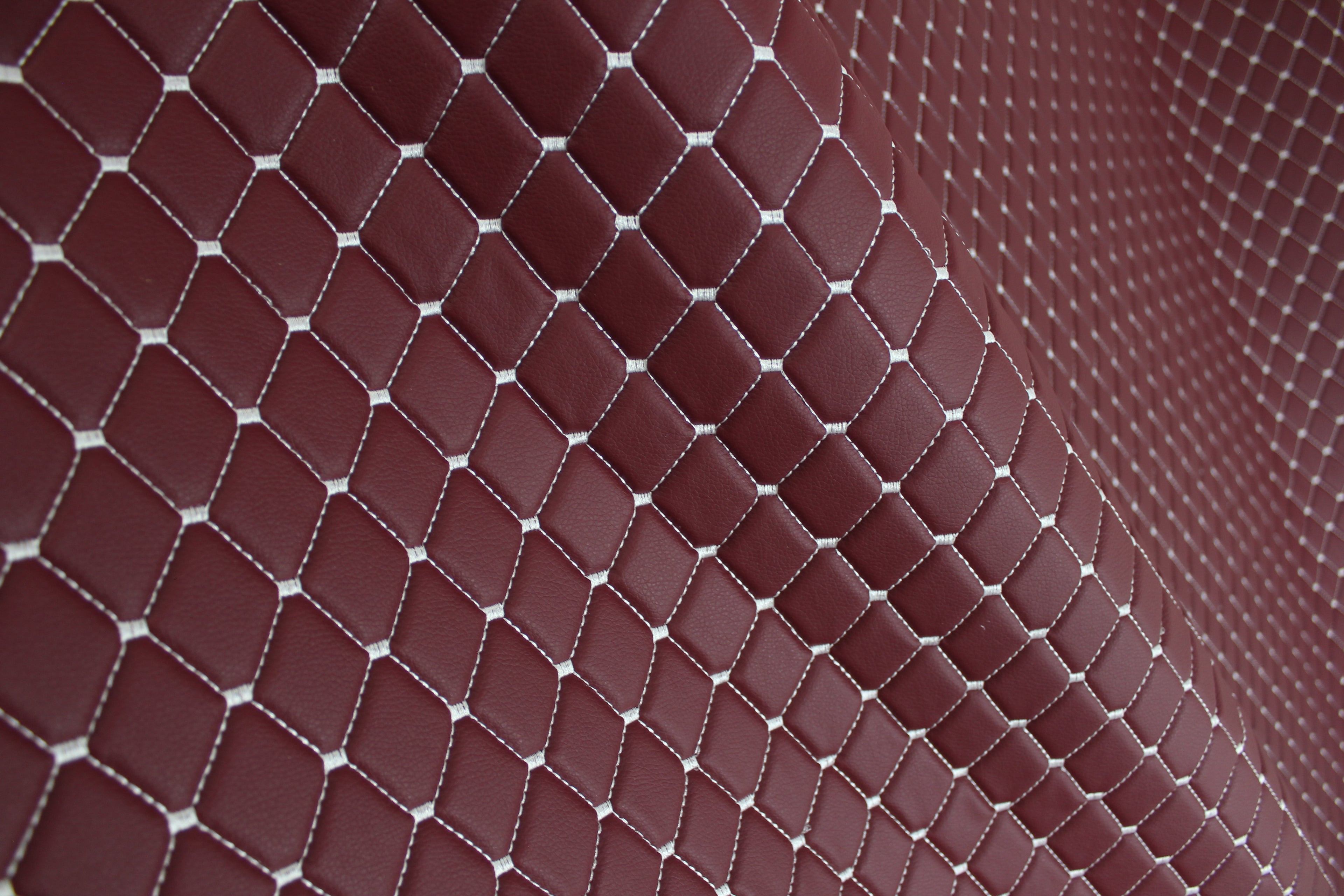 Dark Red White Quilted Vinyl Faux Leather Car Upholstery Fabric | 2"x2" 5x5cm Diamond Stitch with 5mm Foam | 140cm Wide | Automotive Projects