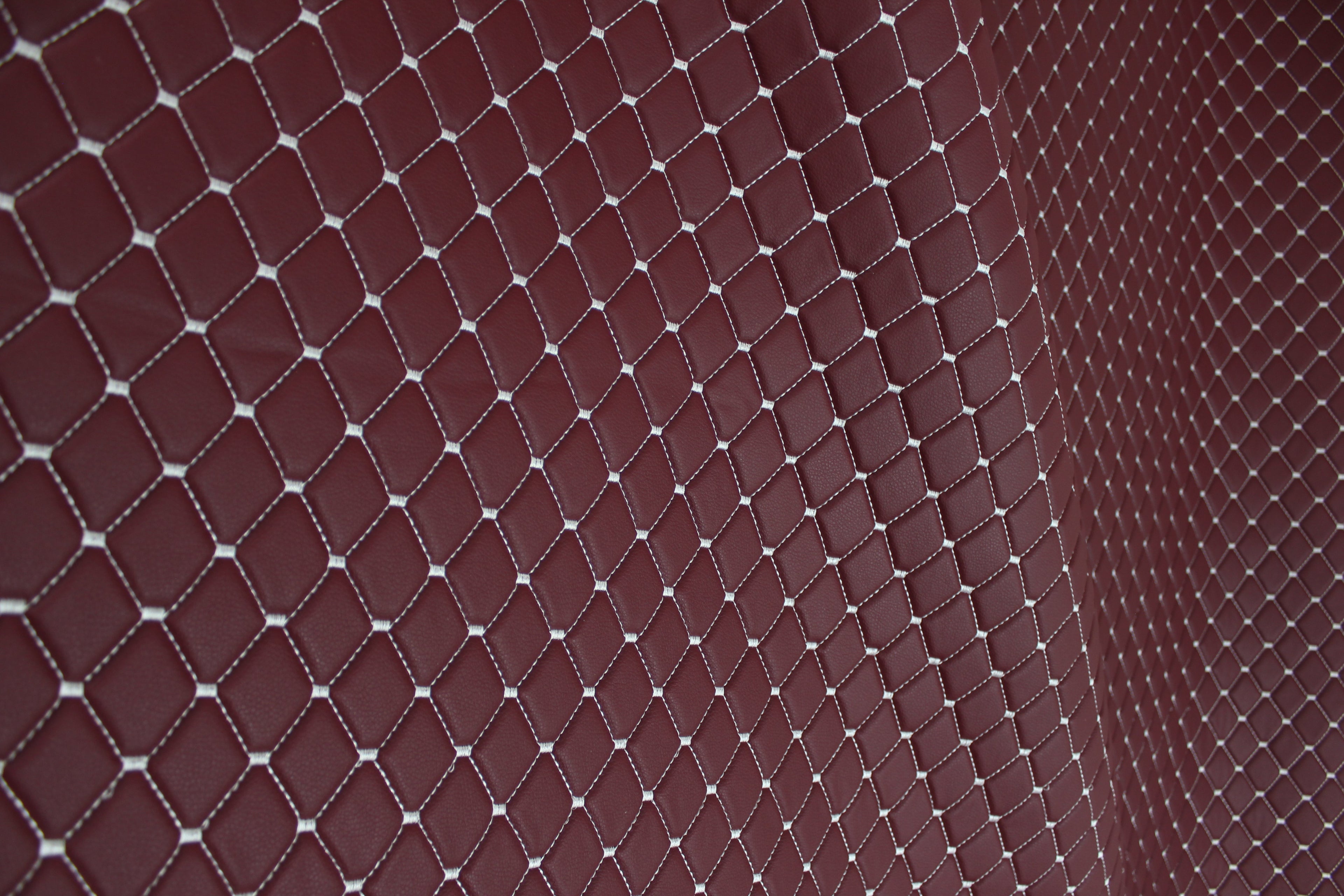 Dark Red White Quilted Vinyl Faux Leather Car Upholstery Fabric | 2"x2" 5x5cm Diamond Stitch with 5mm Foam | 140cm Wide | Automotive Projects