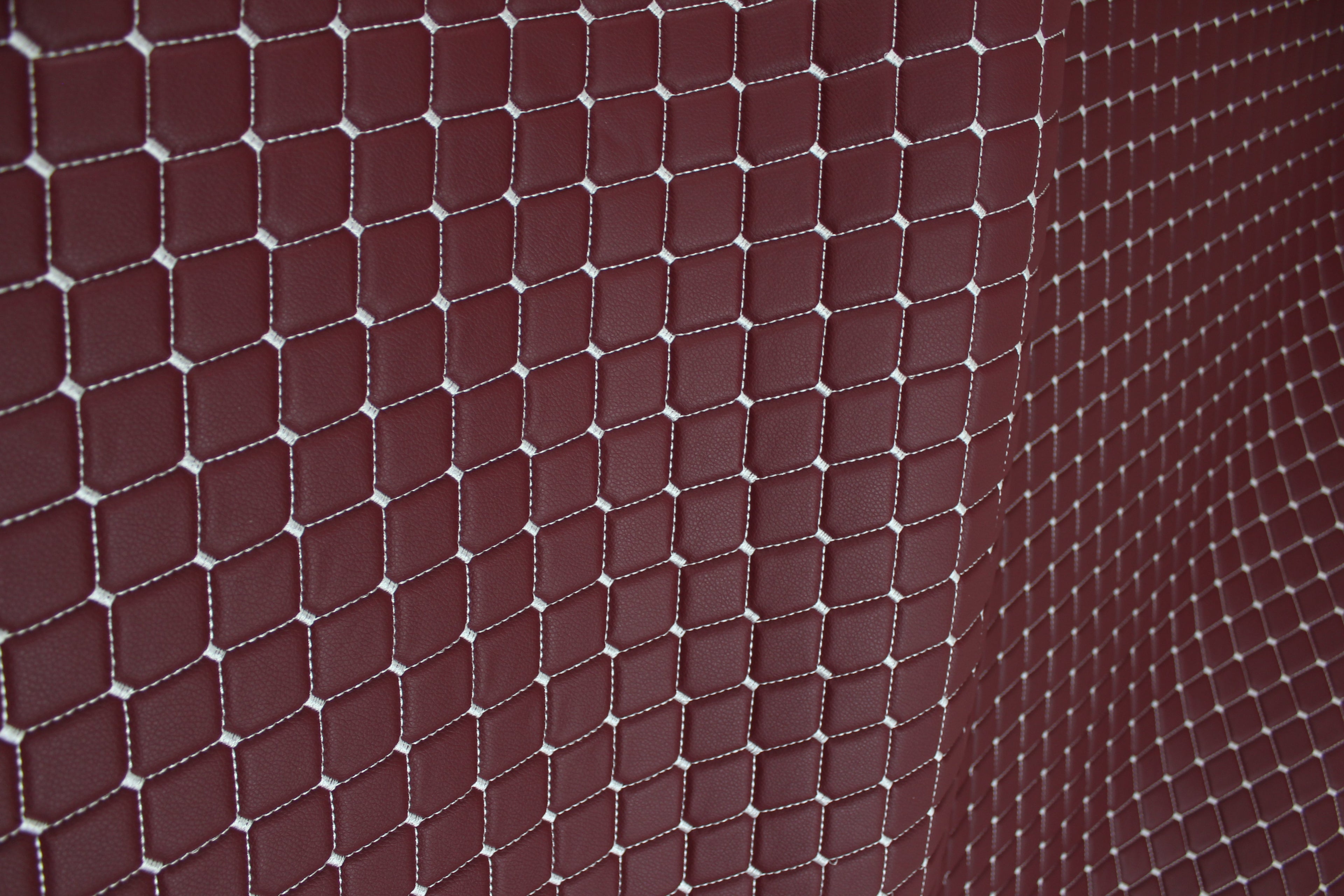 Dark Red White Quilted Vinyl Faux Leather Car Upholstery Fabric | 2"x2" 5x5cm Diamond Stitch with 5mm Foam | 140cm Wide | Automotive Projects