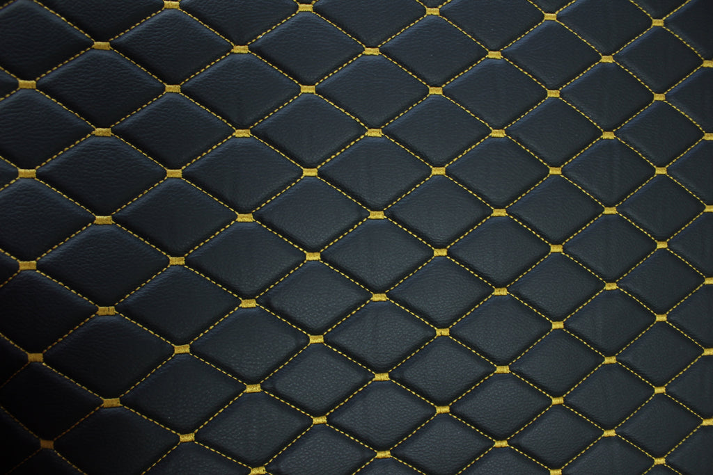 Tela de tapicería de coche de imitación de cuero con textura de vinilo negro y acolchado dorado | 5 x 8 cm, puntada de diamante con espuma | 140 cm y 140 cm de ancho | Cuero artificial