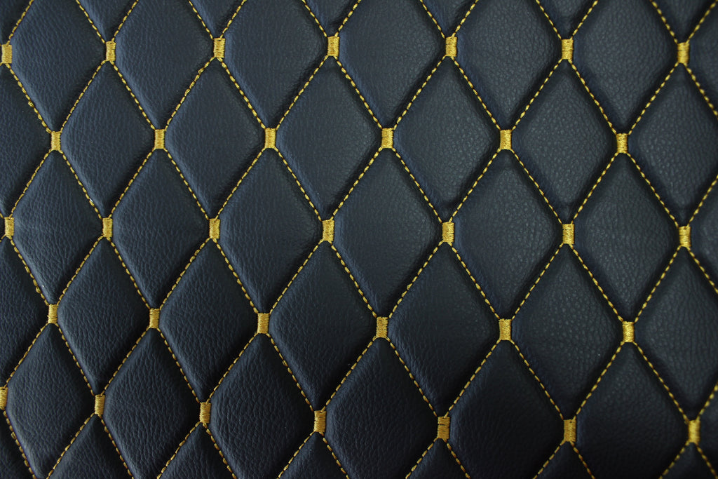 Tela de tapicería de coche de imitación de cuero con textura de vinilo negro y acolchado dorado | 5 x 8 cm, puntada de diamante con espuma | 140 cm y 140 cm de ancho | Cuero artificial