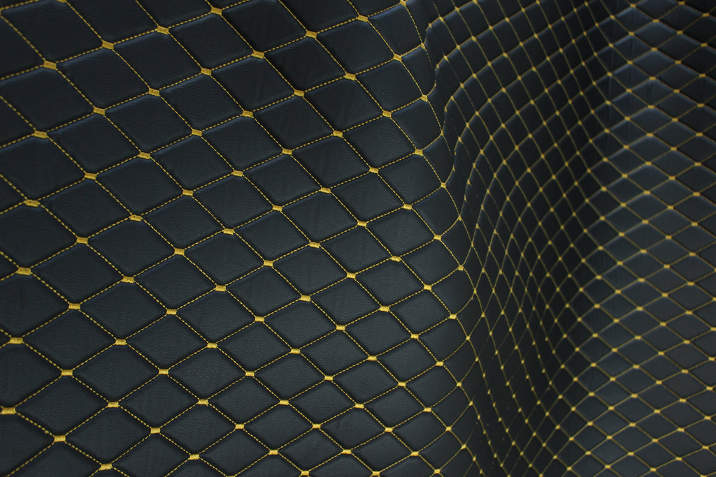 Tela de tapicería de coche de imitación de cuero con textura de vinilo negro y acolchado dorado | 5 x 8 cm, puntada de diamante con espuma | 140 cm y 140 cm de ancho | Cuero artificial