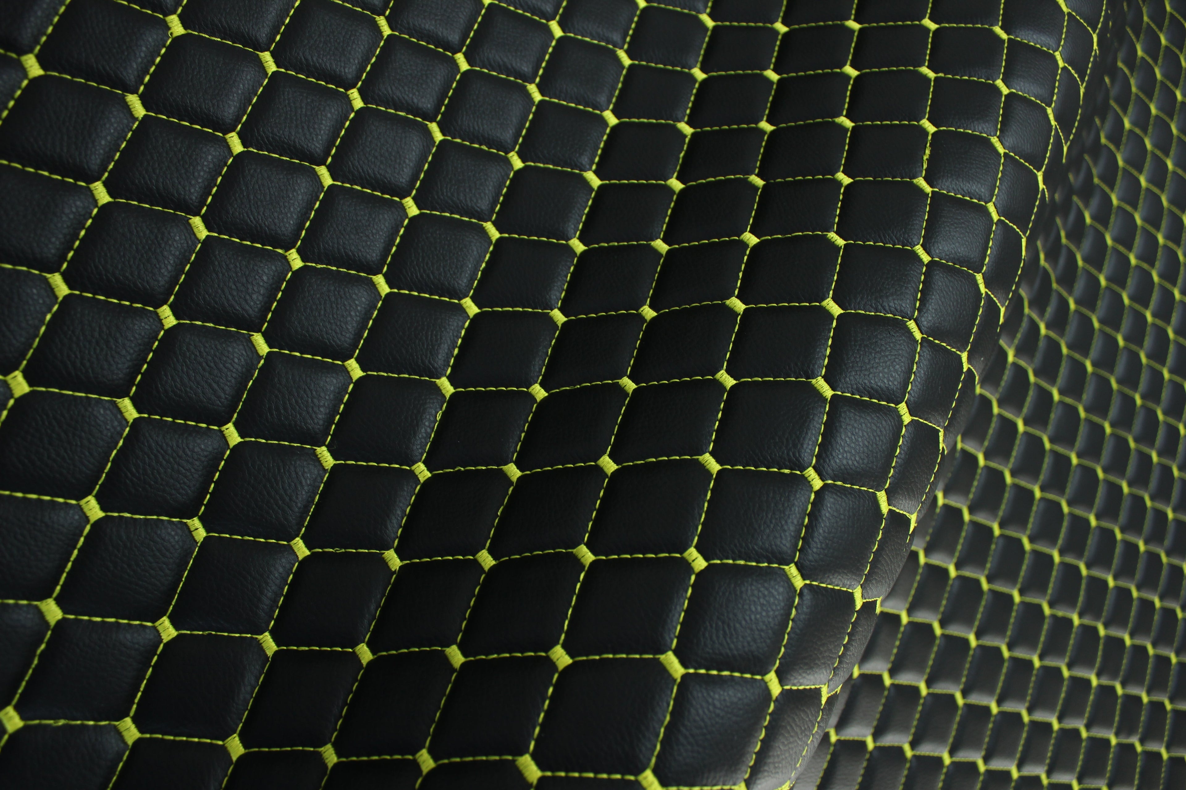 Black Yellow Quilted Vinyl Faux Leather Car Upholstery Fabric | 2"x2" 5x5cm Diamond Stitch with 5mm Foam | 140cm Wide | Automotive