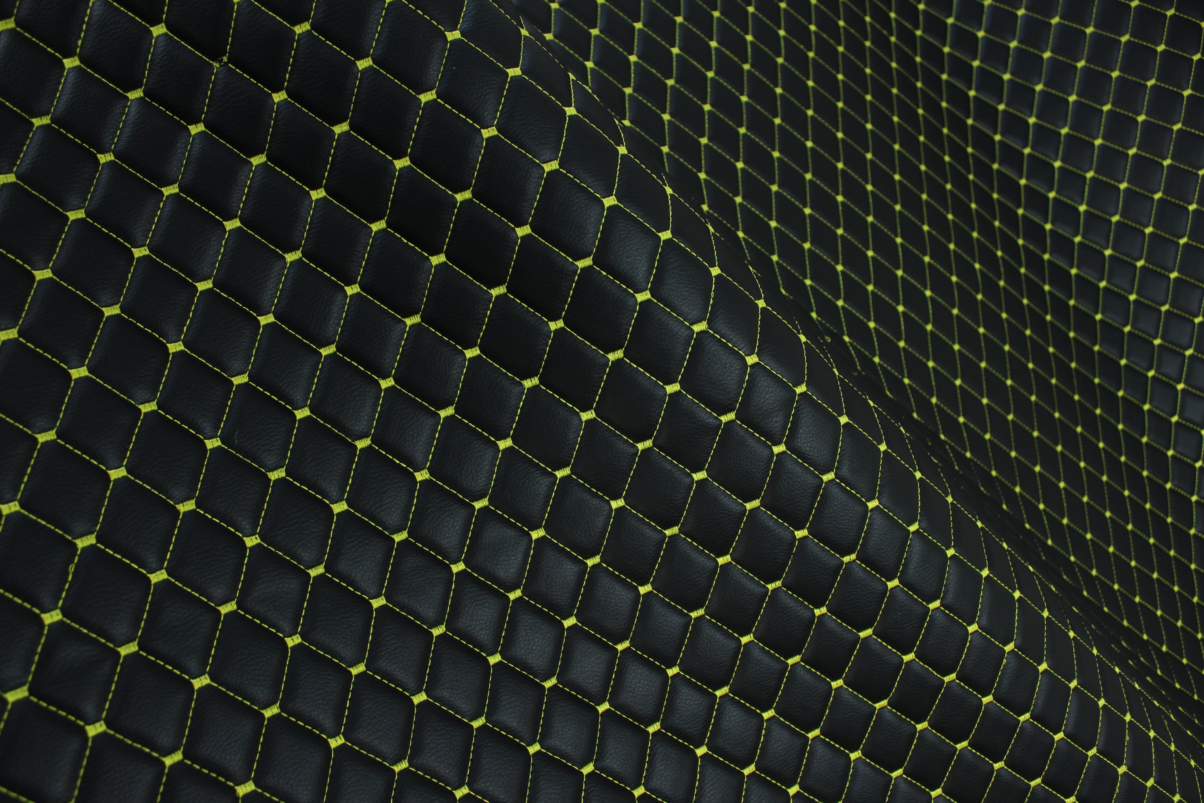 Black Yellow Quilted Vinyl Faux Leather Car Upholstery Fabric | 2"x2" 5x5cm Diamond Stitch with 5mm Foam | 140cm Wide | Automotive