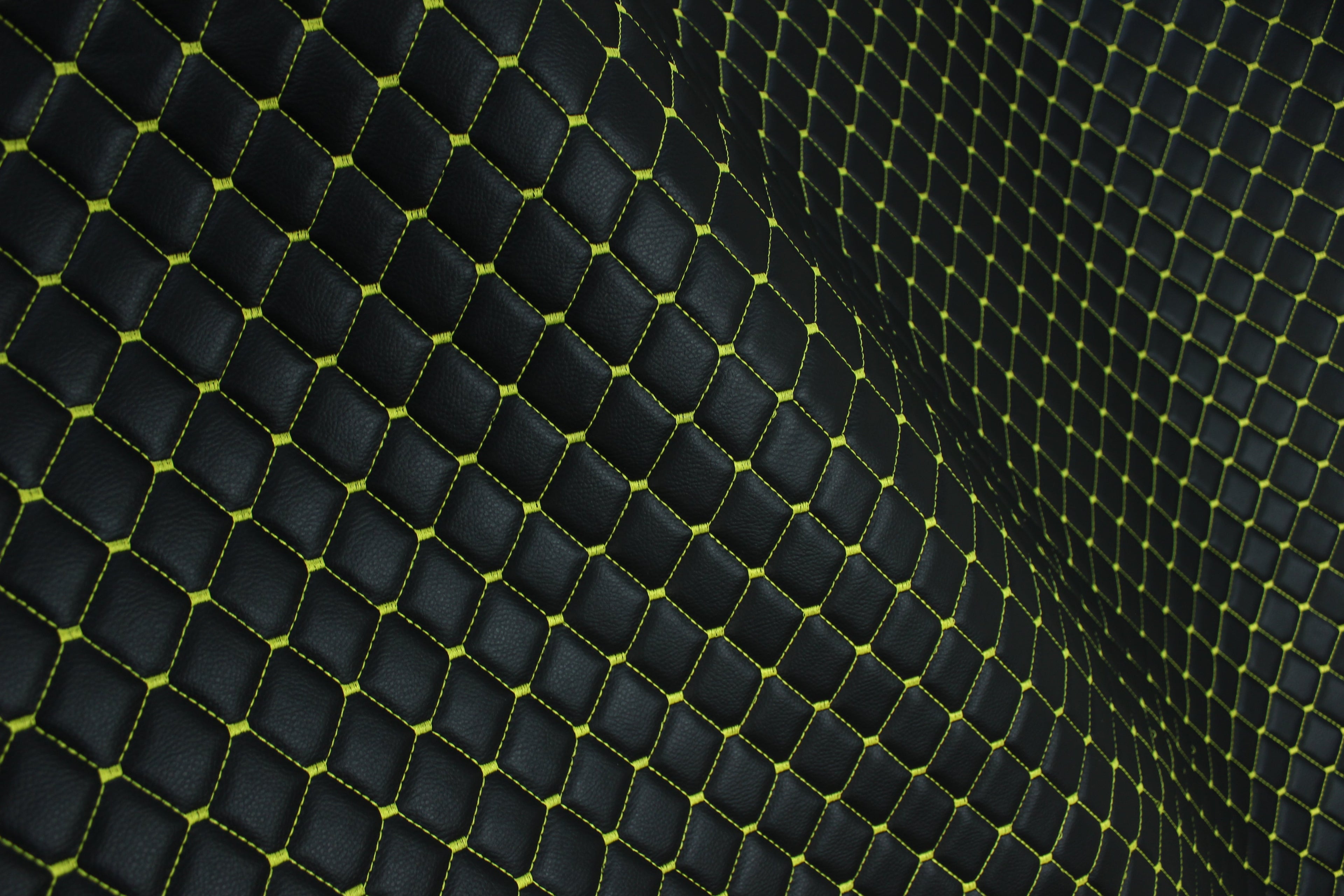 Black Yellow Quilted Vinyl Faux Leather Car Upholstery Fabric | 2"x2" 5x5cm Diamond Stitch with 5mm Foam | 140cm Wide | Automotive