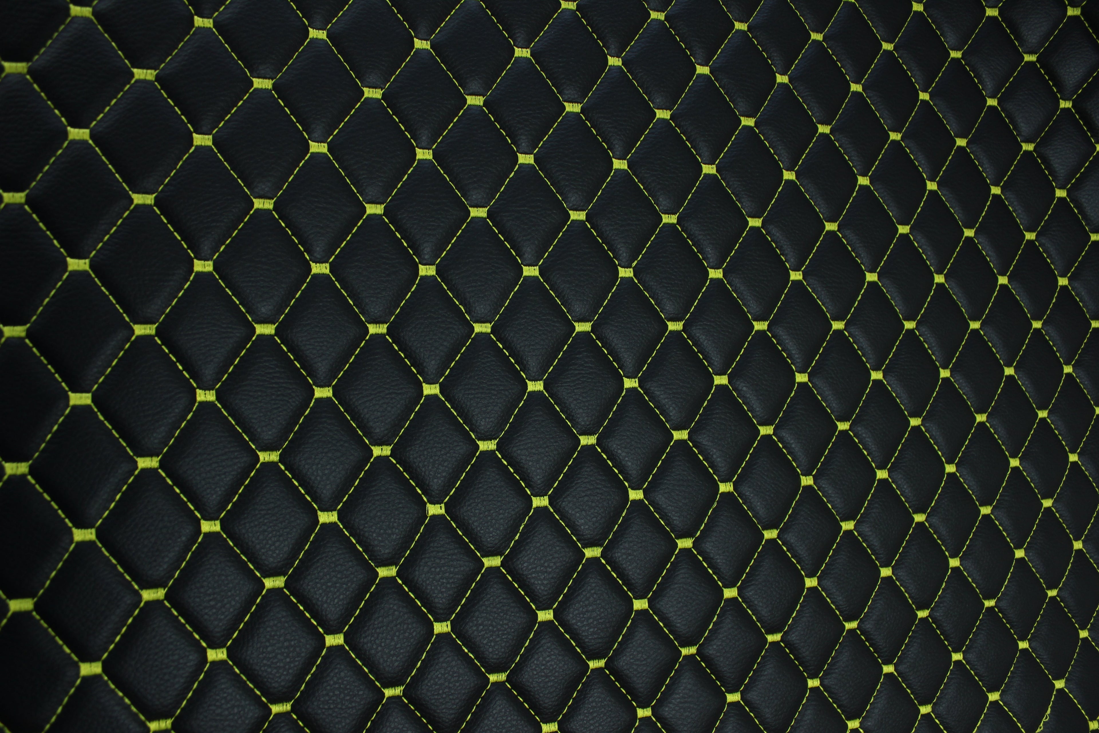 Black Yellow Quilted Vinyl Faux Leather Car Upholstery Fabric | 2"x2" 5x5cm Diamond Stitch with 5mm Foam | 140cm Wide | Automotive
