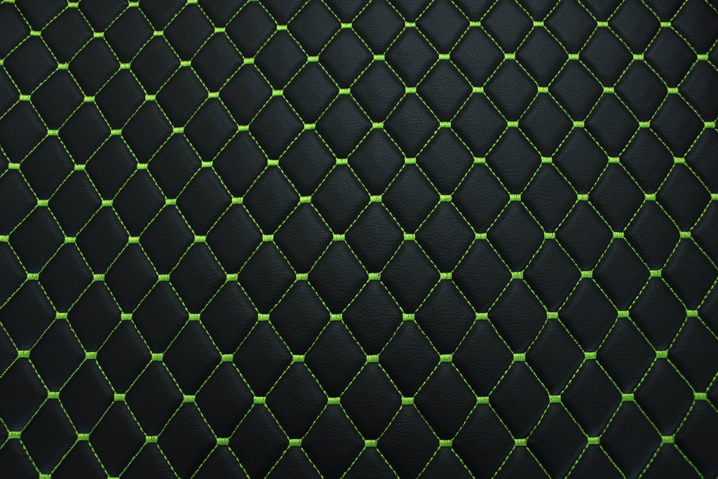 Black Light Green Quilted Vinyl Faux Leather Car Upholstery Fabric | 2"x2" 5x5cm Diamond Stitch with 5mm Foam | 140cm Wide | Automotive