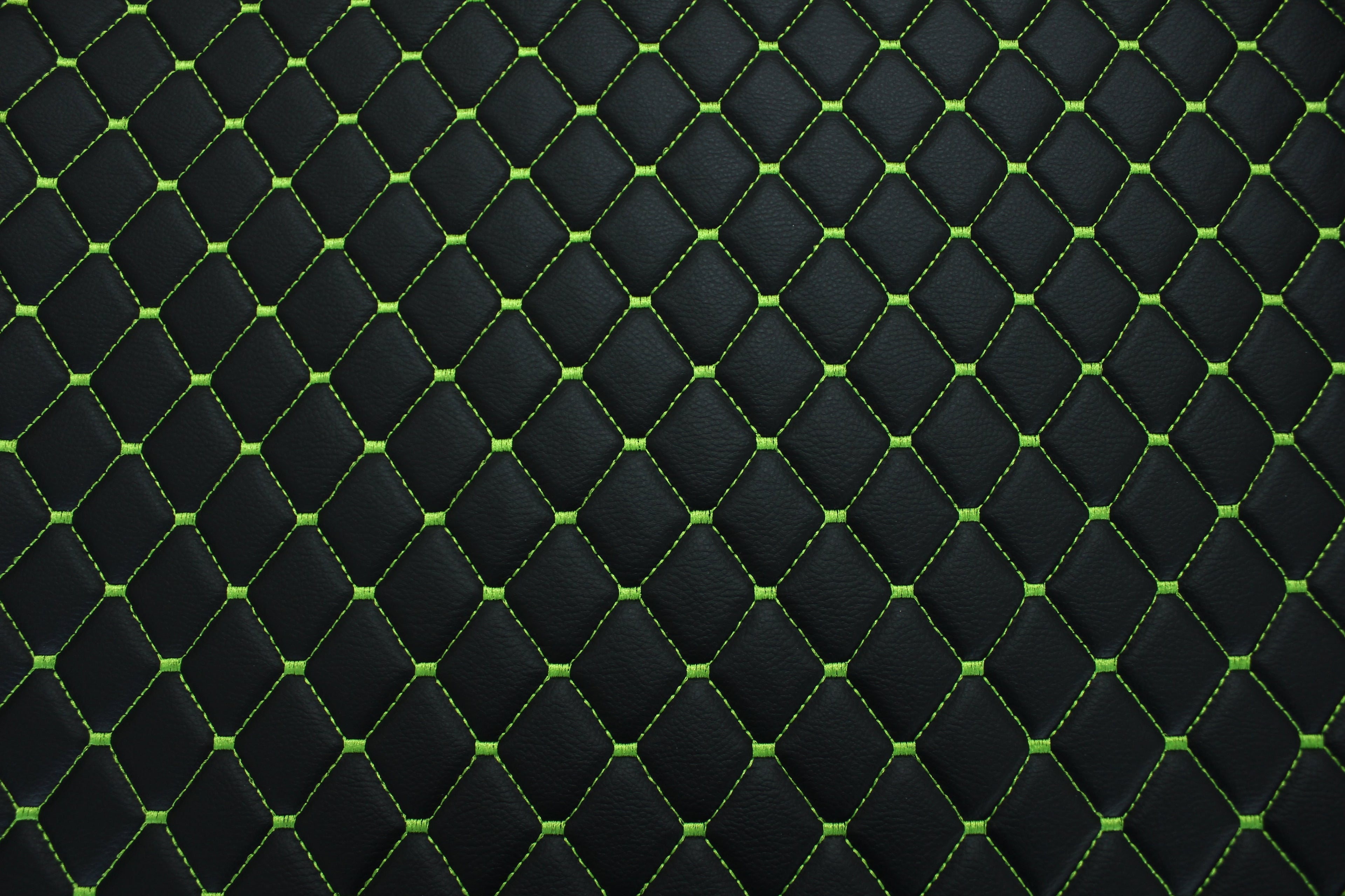 Black Light Green Quilted Vinyl Faux Leather Car Upholstery Fabric | 2"x2" 5x5cm Diamond Stitch with 5mm Foam | 140cm Wide | Automotive