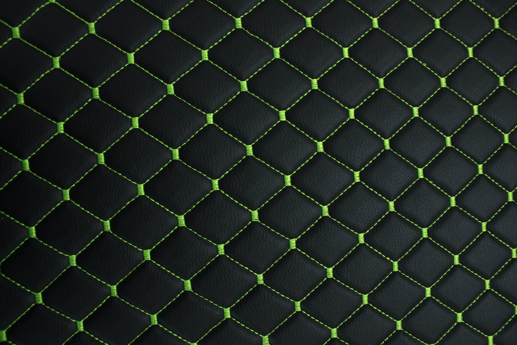 Black Light Green Quilted Vinyl Faux Leather Car Upholstery Fabric | 2"x2" 5x5cm Diamond Stitch with 5mm Foam | 140cm Wide | Automotive