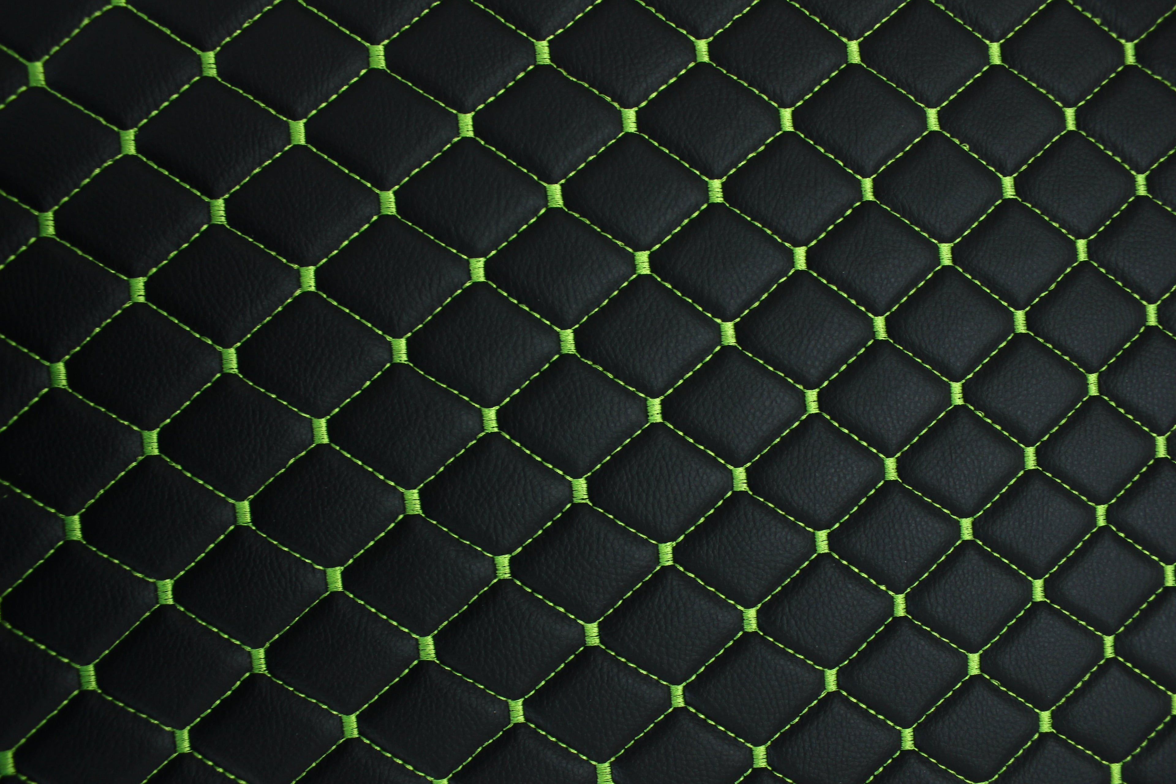 Black Light Green Quilted Vinyl Faux Leather Car Upholstery Fabric | 2"x2" 5x5cm Diamond Stitch with 5mm Foam | 140cm Wide | Automotive