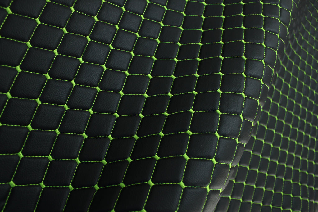 Black Light Green Quilted Vinyl Faux Leather Car Upholstery Fabric | 2"x2" 5x5cm Diamond Stitch with 5mm Foam | 140cm Wide | Automotive
