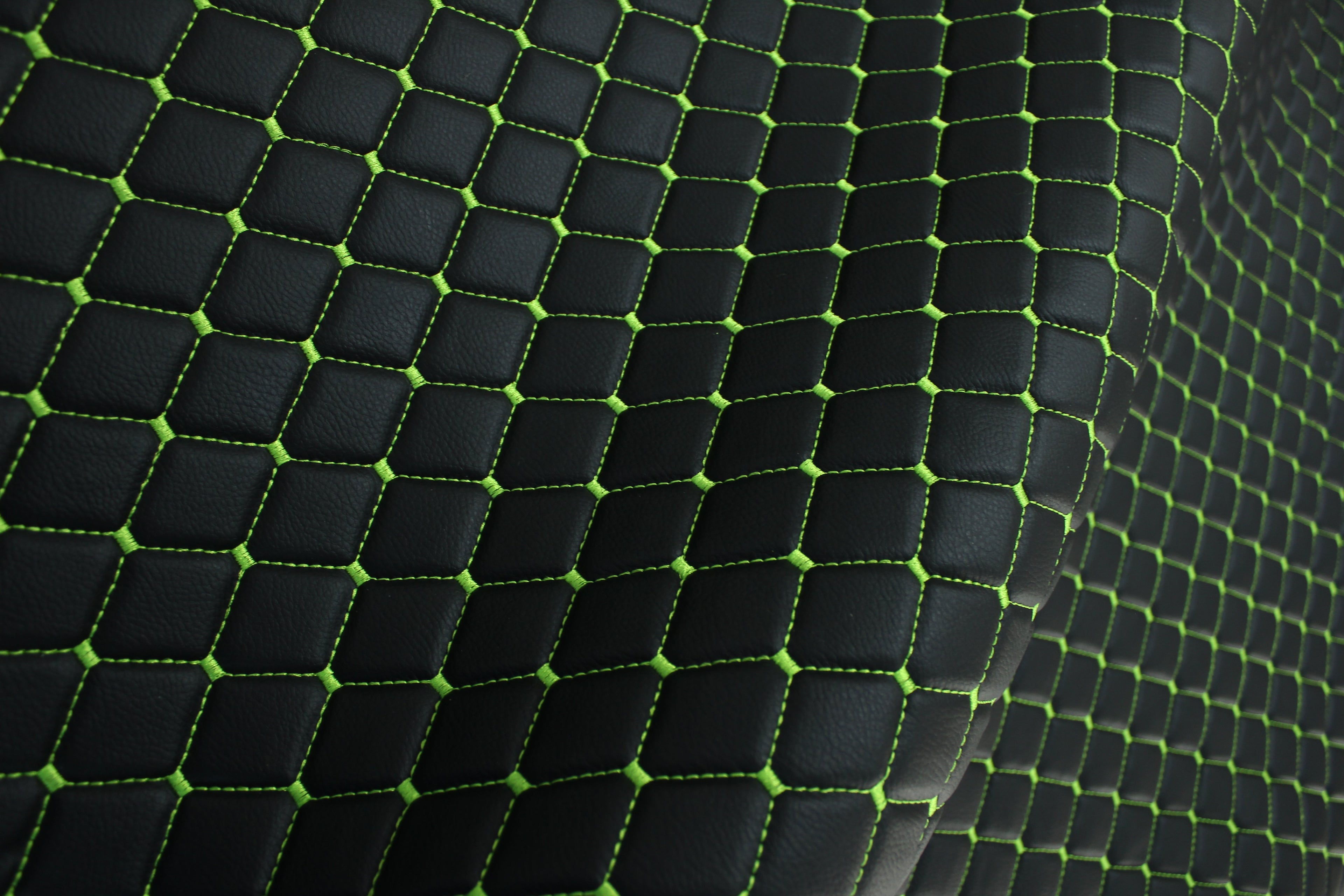 Black Light Green Quilted Vinyl Faux Leather Car Upholstery Fabric | 2"x2" 5x5cm Diamond Stitch with 5mm Foam | 140cm Wide | Automotive