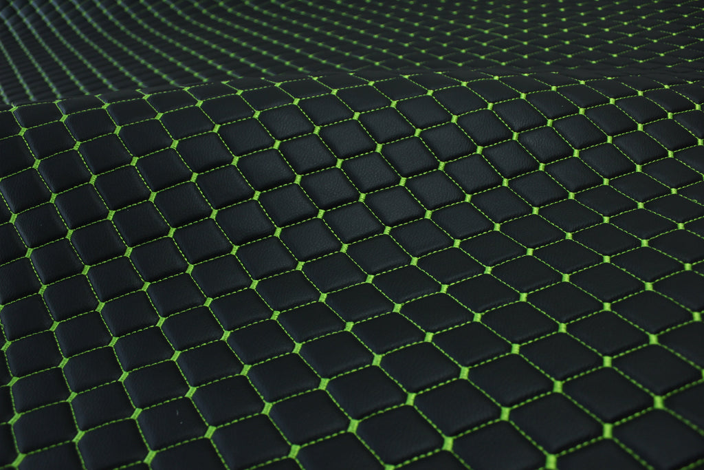 Black Light Green Quilted Vinyl Faux Leather Car Upholstery Fabric | 2"x2" 5x5cm Diamond Stitch with 5mm Foam | 140cm Wide | Automotive