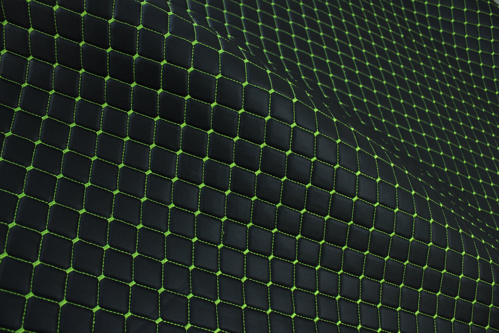 Black Light Green Quilted Vinyl Faux Leather Car Upholstery Fabric | 2"x2" 5x5cm Diamond Stitch with 5mm Foam | 140cm Wide | Automotive