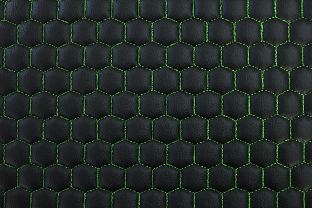Green Quilted Black Vinyl Faux Leather Car Upholstery Fabric | 2" x 5cm Honeycomb Pattern Stitch with 5mm Foam Backing | 140cm Wide | Automotive