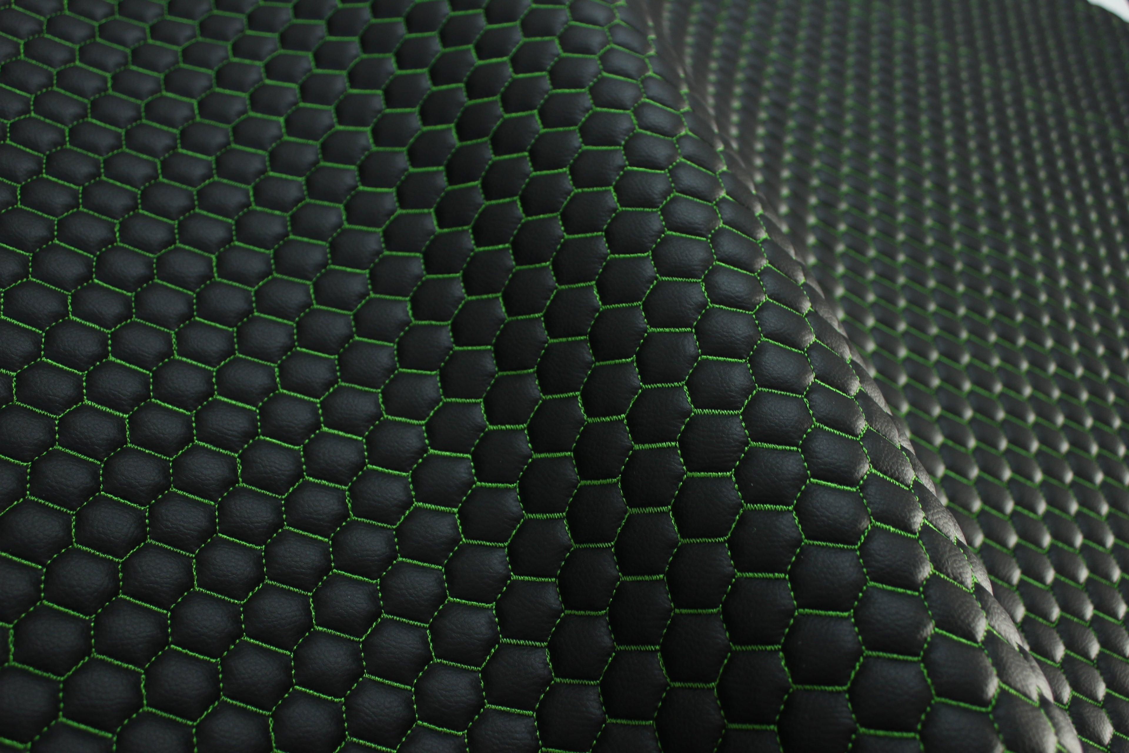 Green Quilted Black Vinyl Faux Leather Car Upholstery Fabric | 2" x 5cm Honeycomb Pattern Stitch with 5mm Foam Backing | 140cm Wide | Automotive