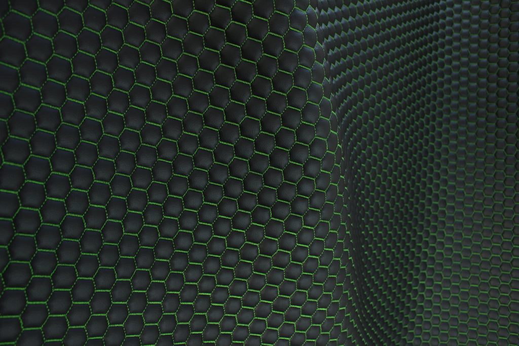 Green Quilted Black Vinyl Faux Leather Car Upholstery Fabric | 2" x 5cm Honeycomb Pattern Stitch with 5mm Foam Backing | 140cm Wide | Automotive