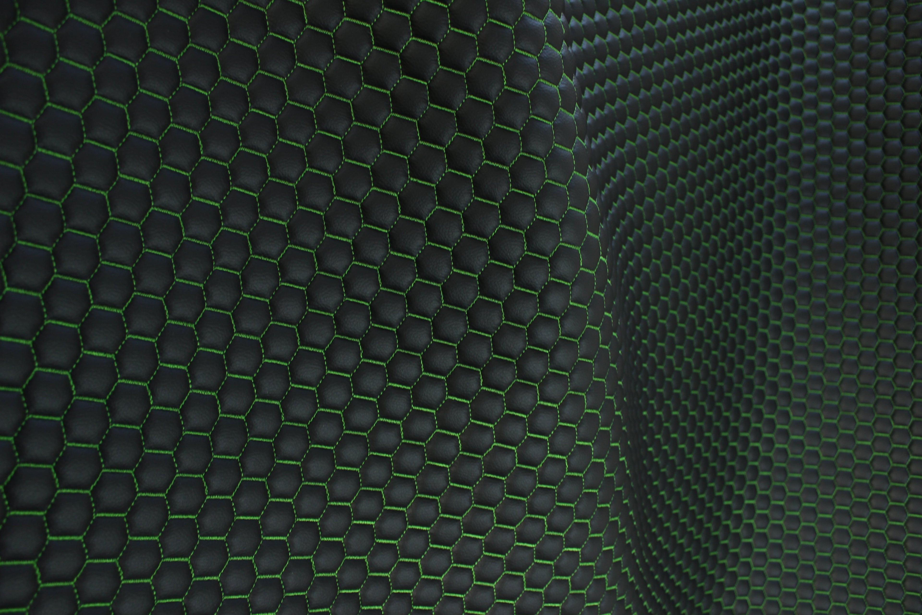 Green Quilted Black Vinyl Faux Leather Car Upholstery Fabric | 2" x 5cm Honeycomb Pattern Stitch with 5mm Foam Backing | 140cm Wide | Automotive