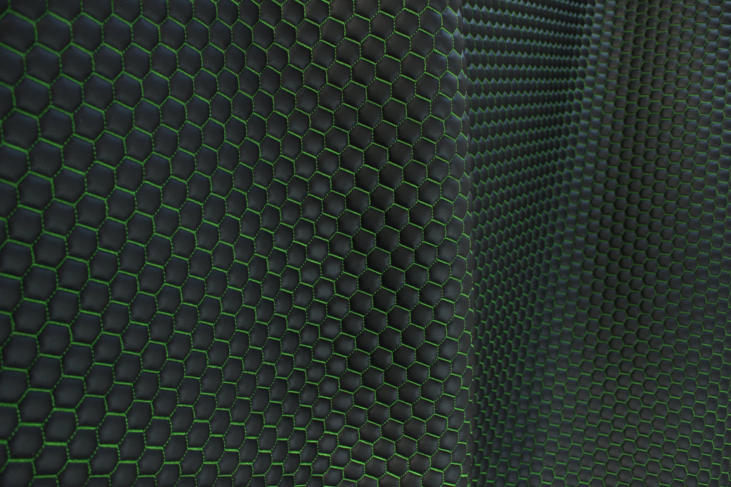 Green Quilted Black Vinyl Faux Leather Car Upholstery Fabric | 2" x 5cm Honeycomb Pattern Stitch with 5mm Foam Backing | 140cm Wide | Automotive