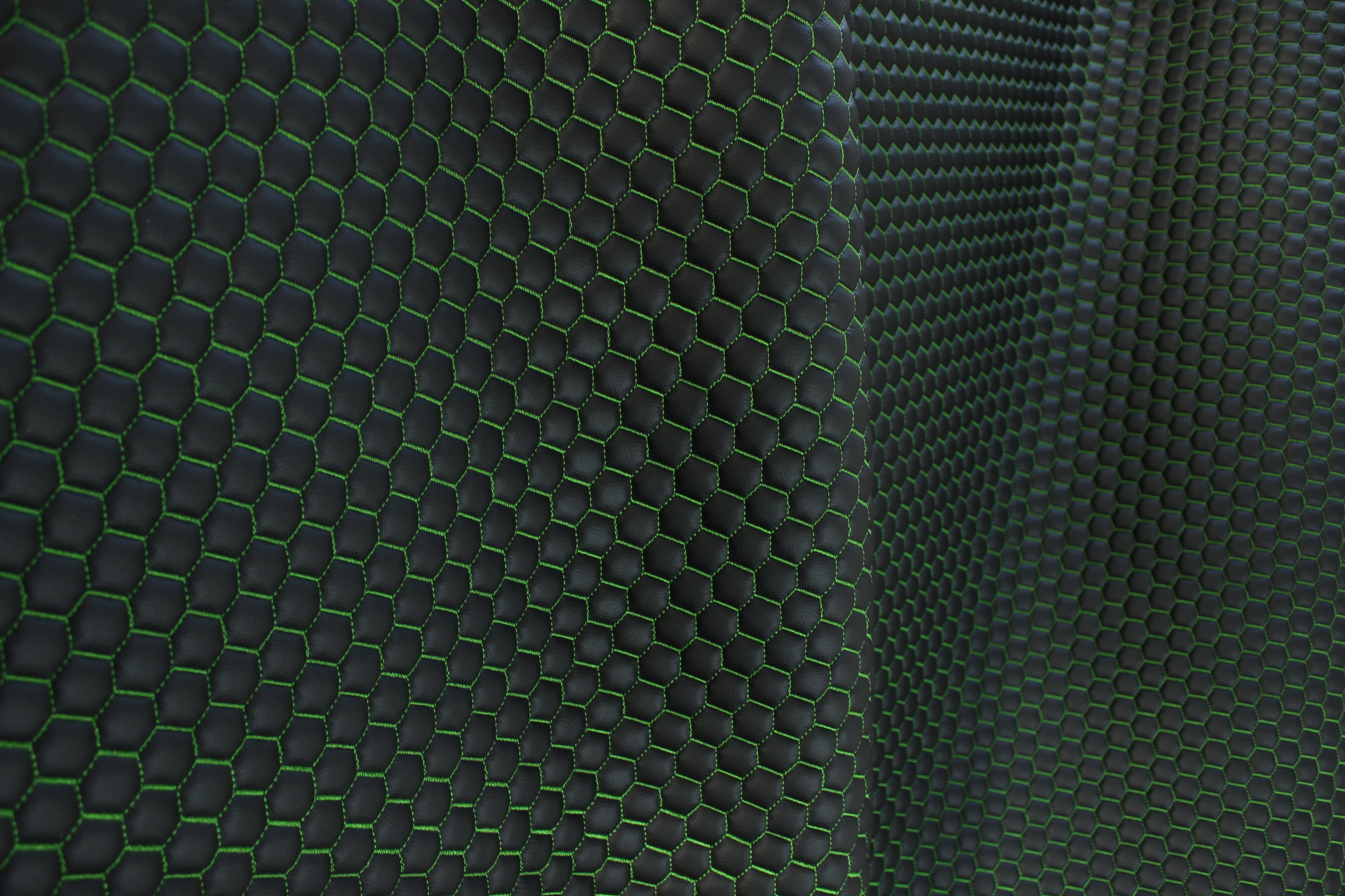 Green Quilted Black Vinyl Faux Leather Car Upholstery Fabric | 2" x 5cm Honeycomb Pattern Stitch with 5mm Foam Backing | 140cm Wide | Automotive