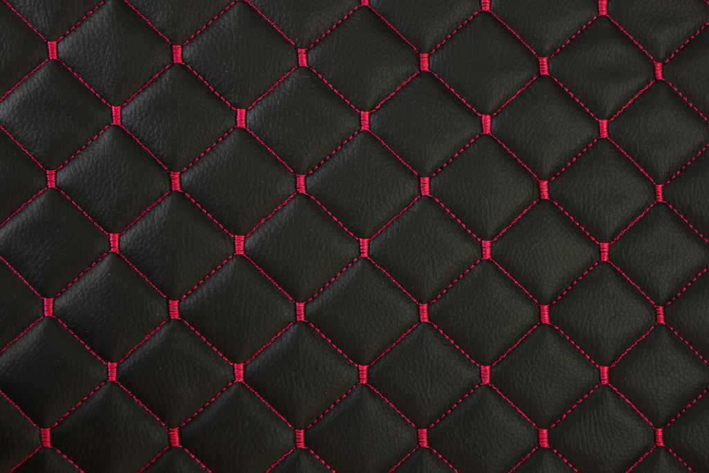 Tecido para Estofo Automóvel em Vinil Sintético Preto com Costura Rosa | Costura em Diamante de 5x5cm (2"x2") com Espuma de 5mm | 140cm de Largura | Automotivo