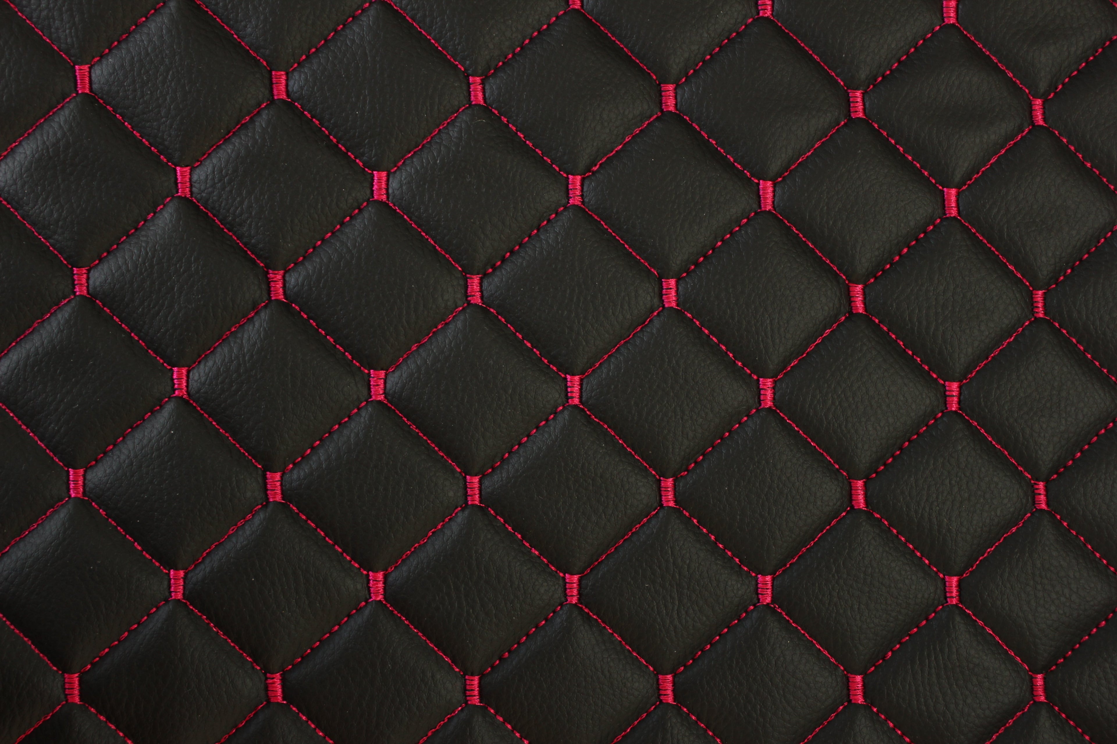 Pink Stitched Black Vinyl Faux Leather Car Upholstery Fabric | 2"x2" 5x5cm Diamond Stitch with 5mm Foam | 140cm Wide | Automotive